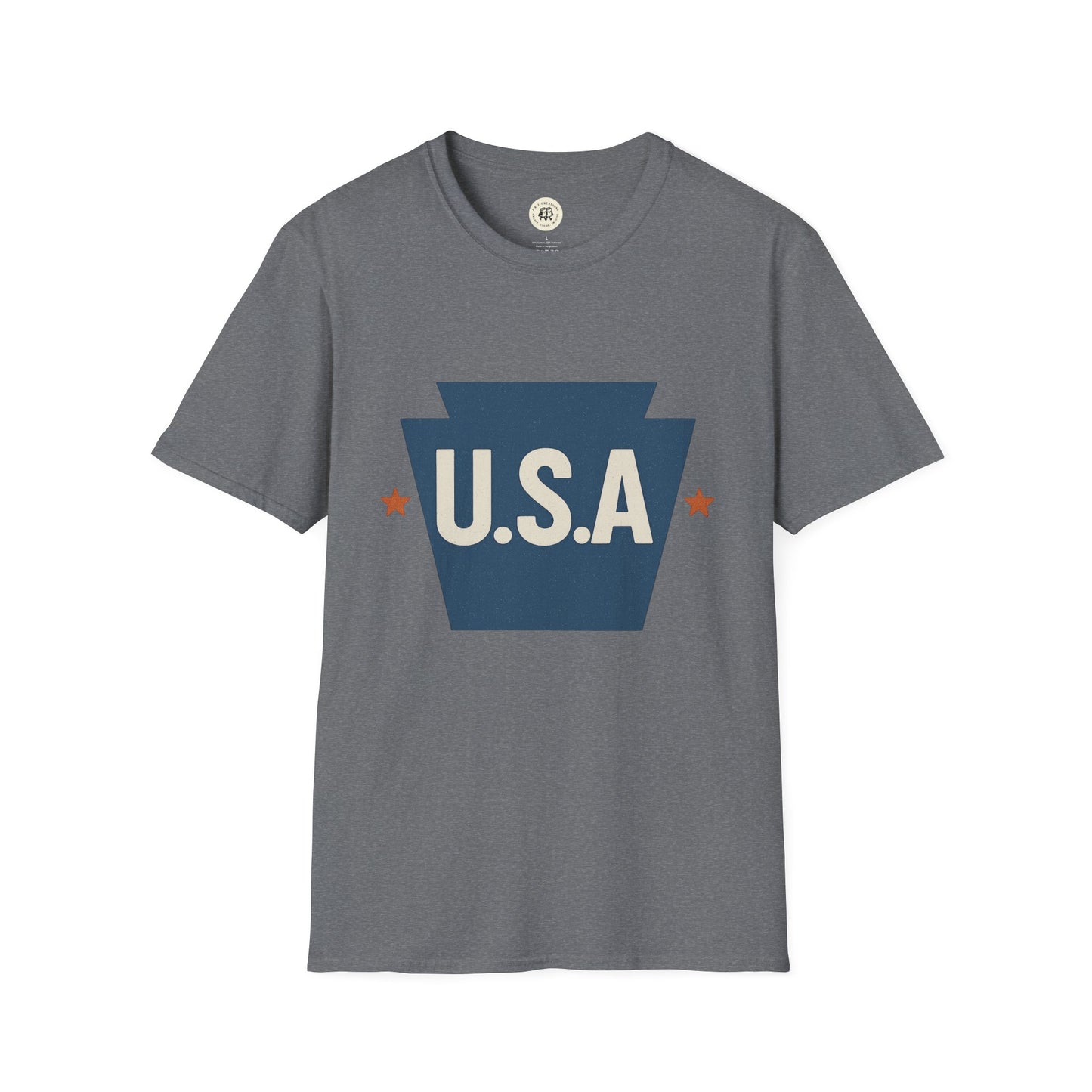Printify gray Pennsylvania keystone USA t-shirt with blue keystone and white U.S.A. text