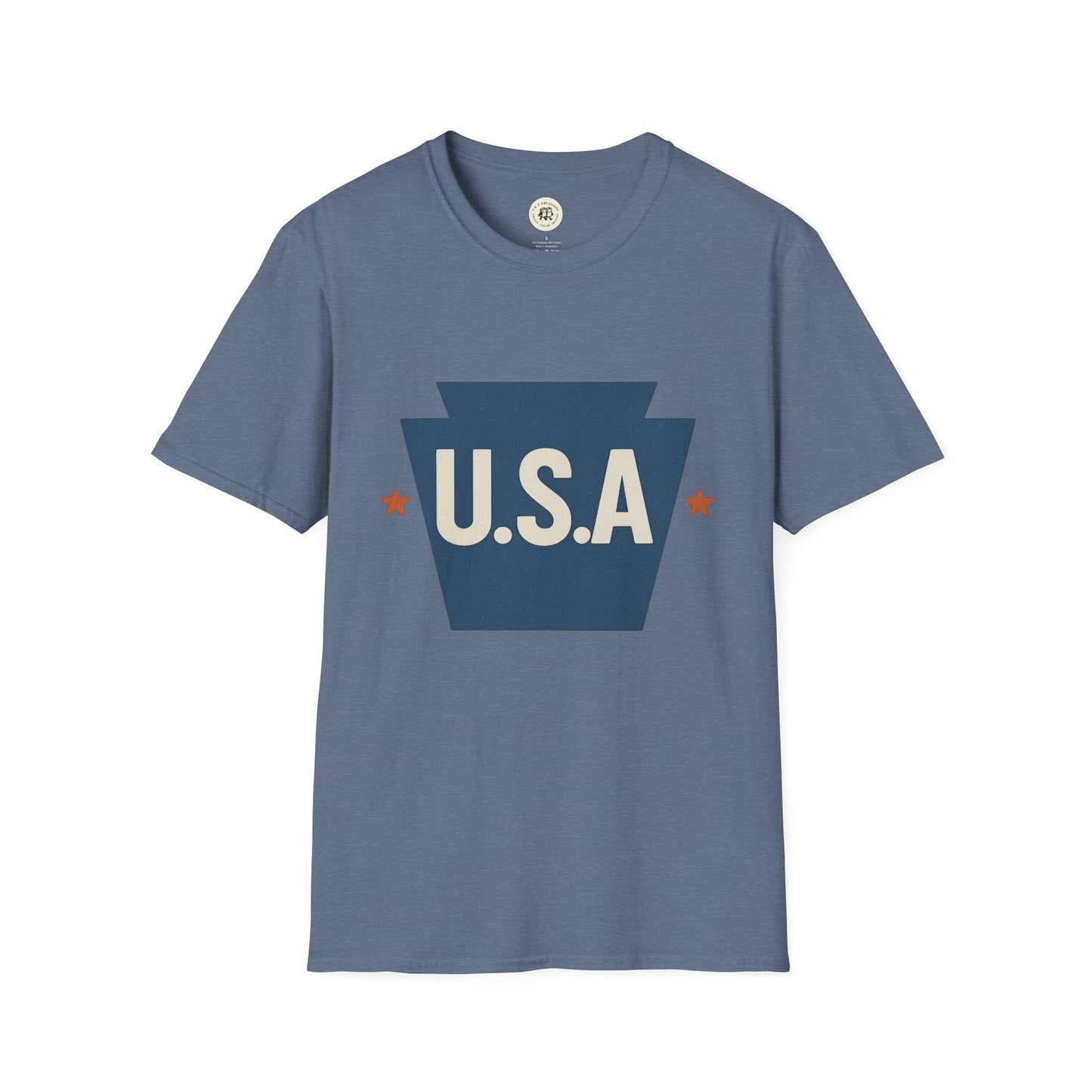 Blue Pennsylvania keystone USA t-shirt with dark keystone graphic and U.S.A. text from Printify