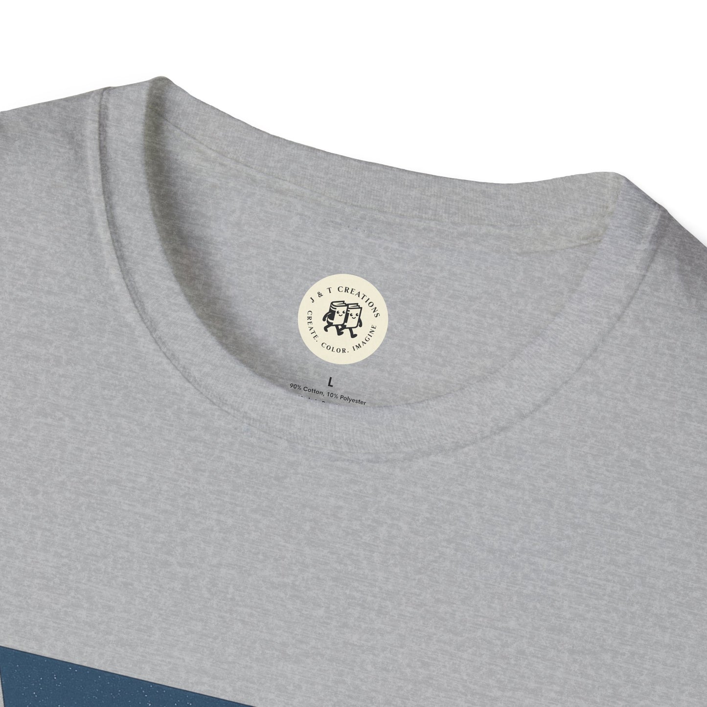 Close-up of grey Printify Pennsylvania keystone USA t-shirt collar and fabric texture