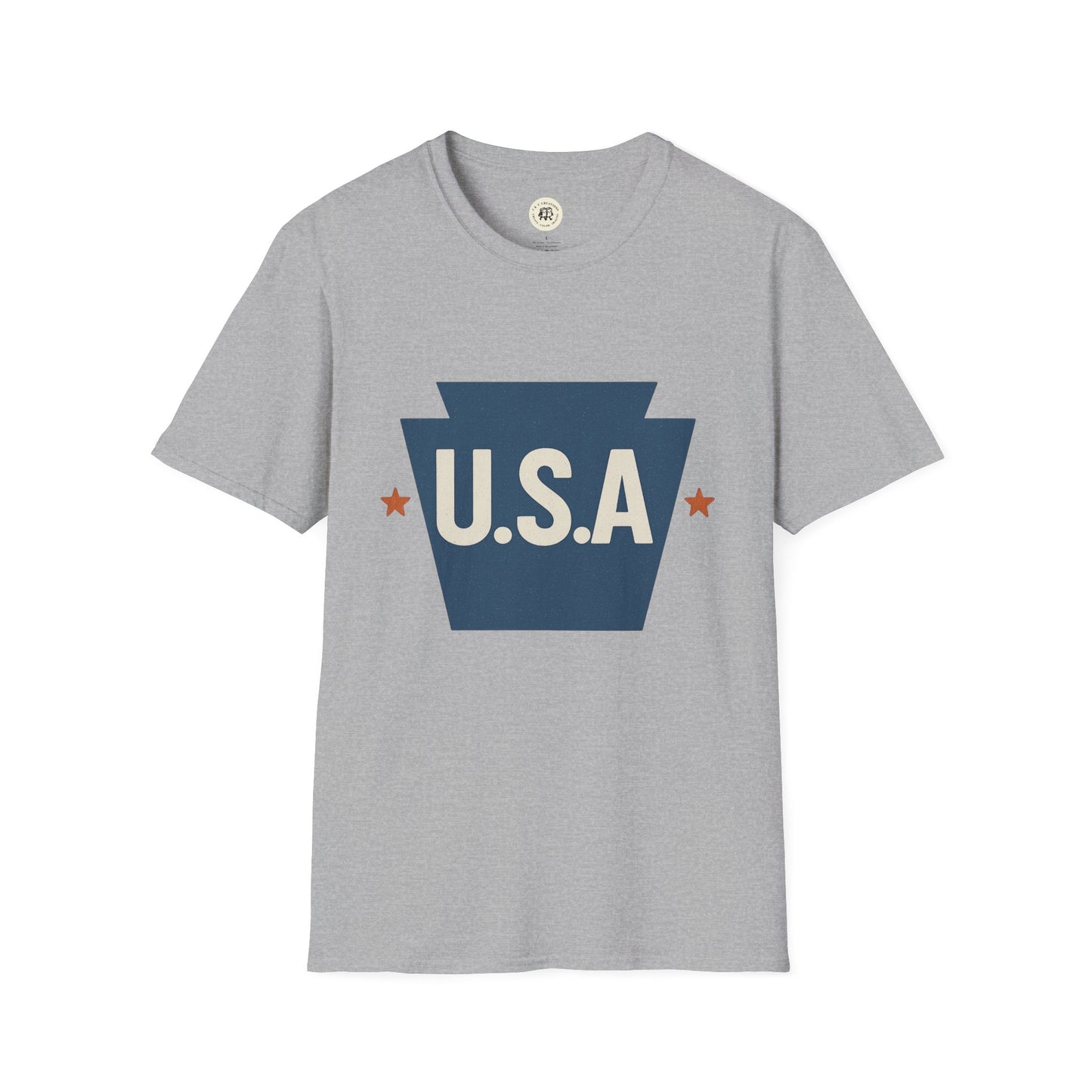 Gray Pennsylvania keystone USA t-shirt with navy blue keystone and white U.S.A letters by Printify