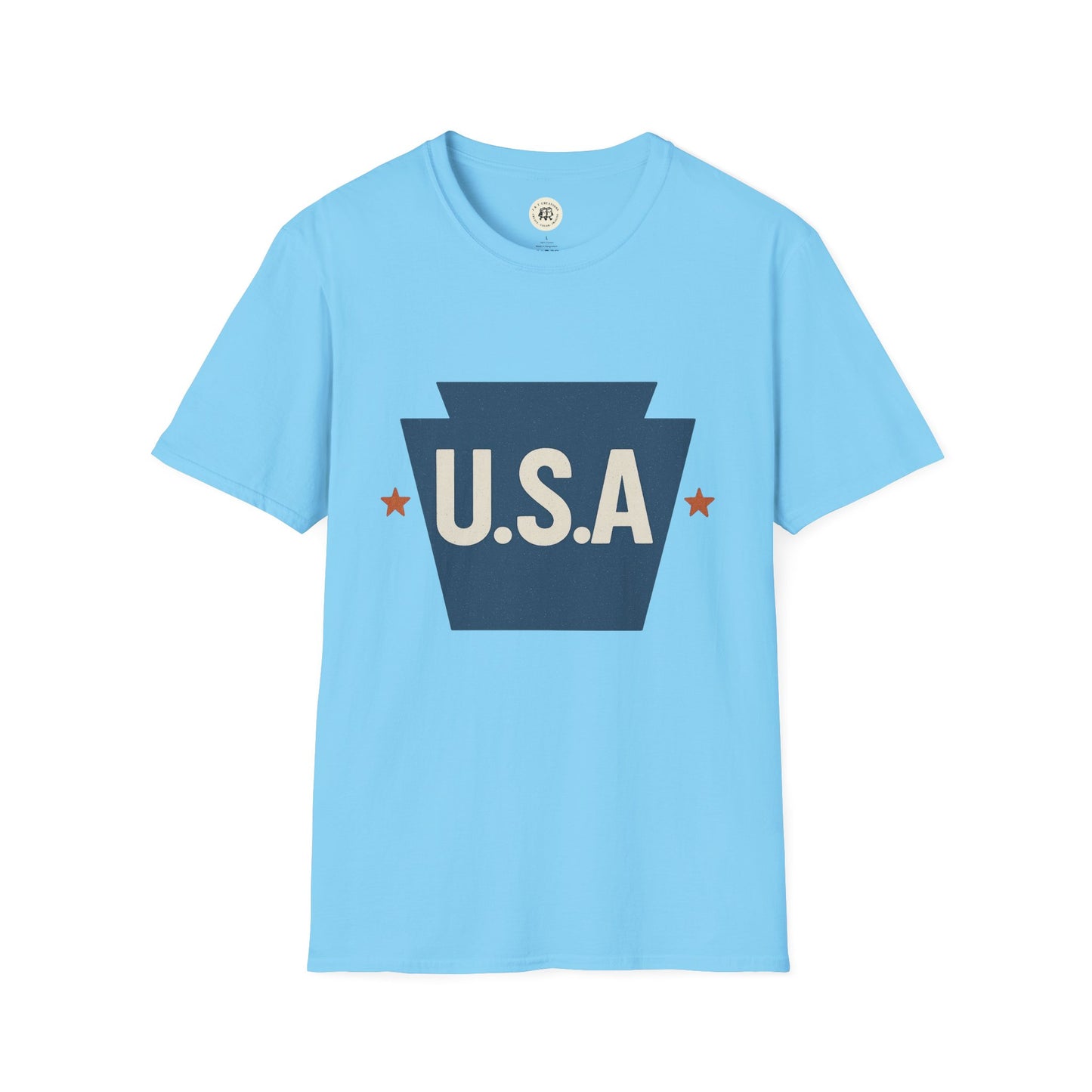 Light blue Pennsylvania keystone USA t-shirt with dark blue keystone and white U.S.A. text design