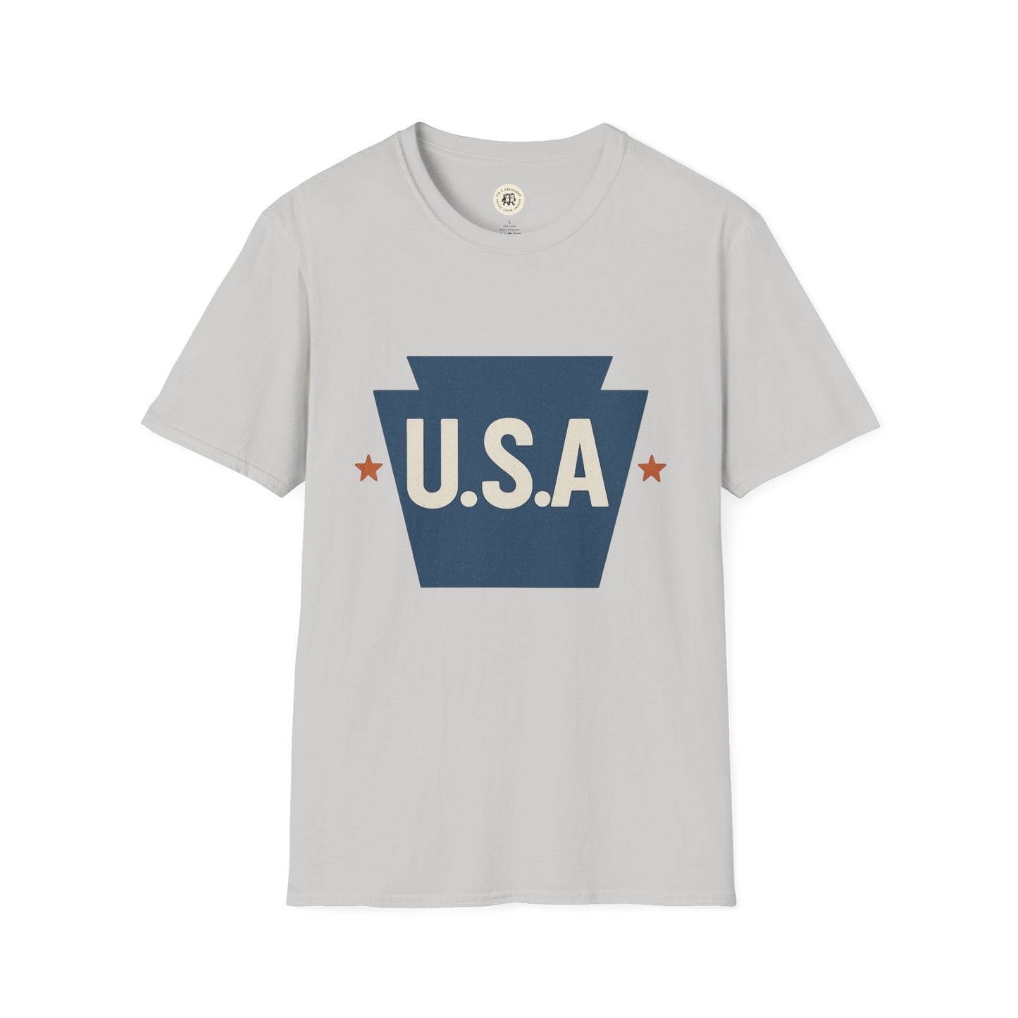 Light gray Pennsylvania keystone USA t-shirt with blue keystone graphic and U.S.A text from Printify