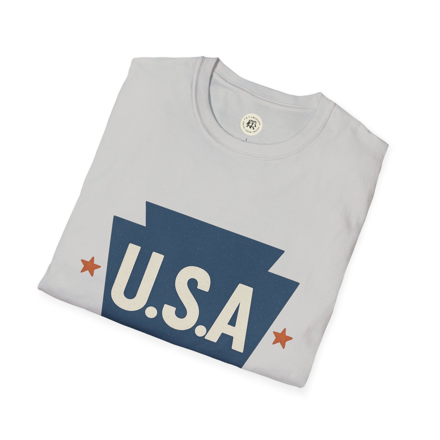 Light gray Pennsylvania keystone USA t-shirt folded with blue keystone and U.S.A. text and red stars