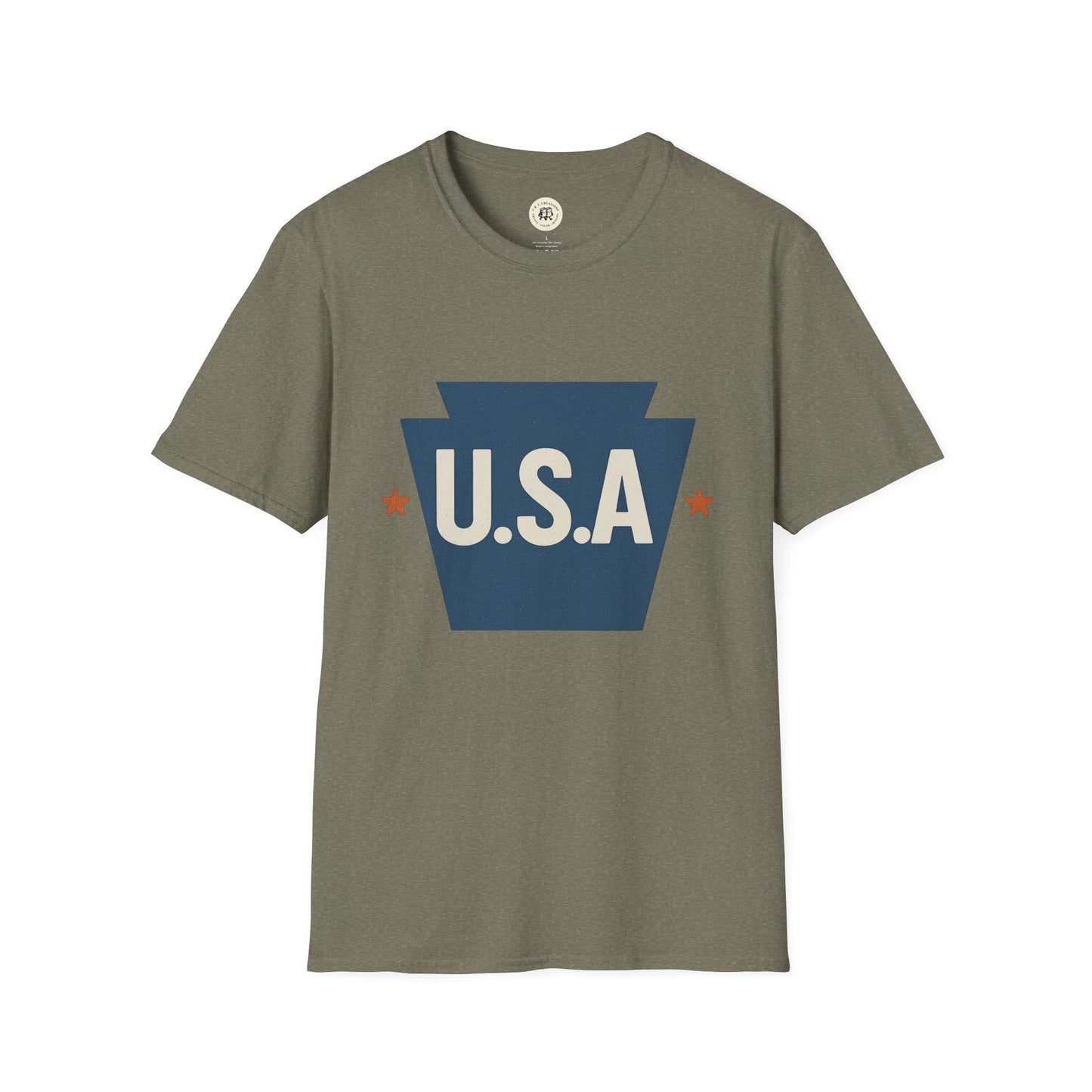 Printify Pennsylvania keystone USA t-shirt in green with blue keystone shape and U.S.A. text