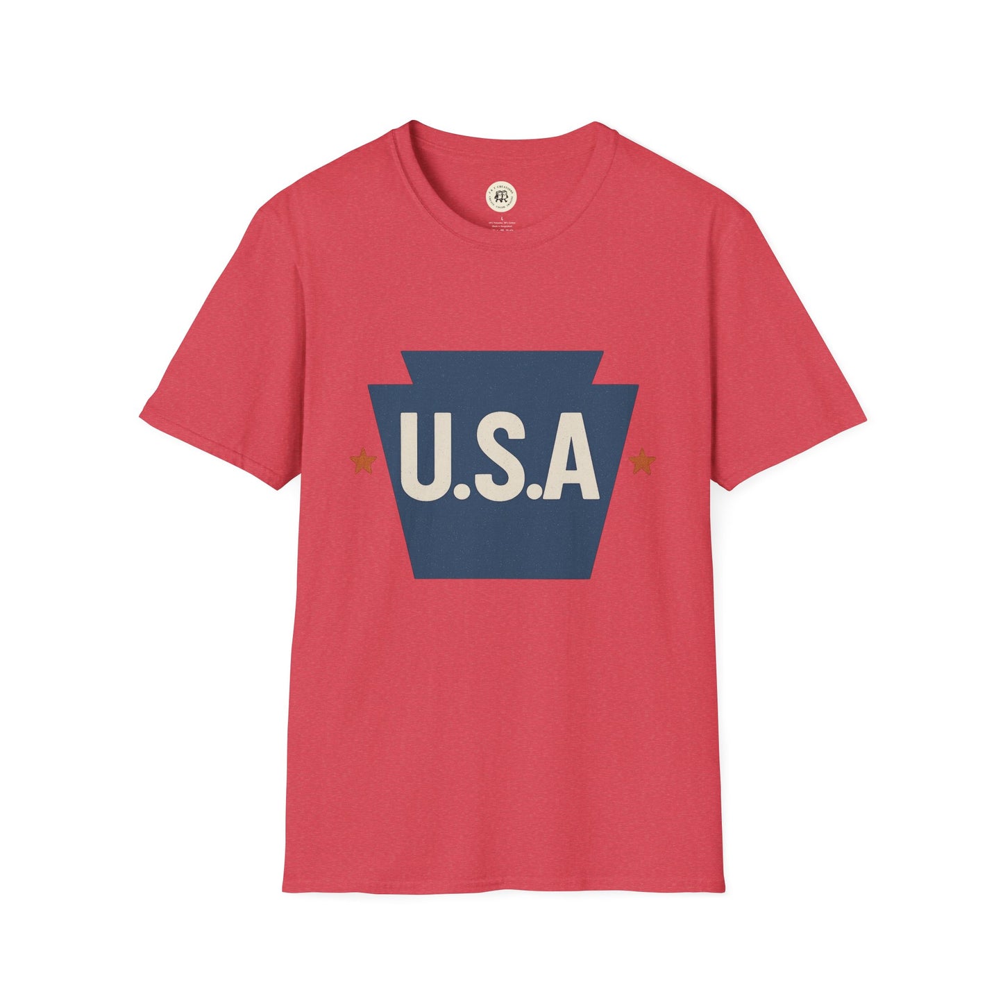 Red Pennsylvania keystone USA t-shirt with navy keystone design and white U S A letters
