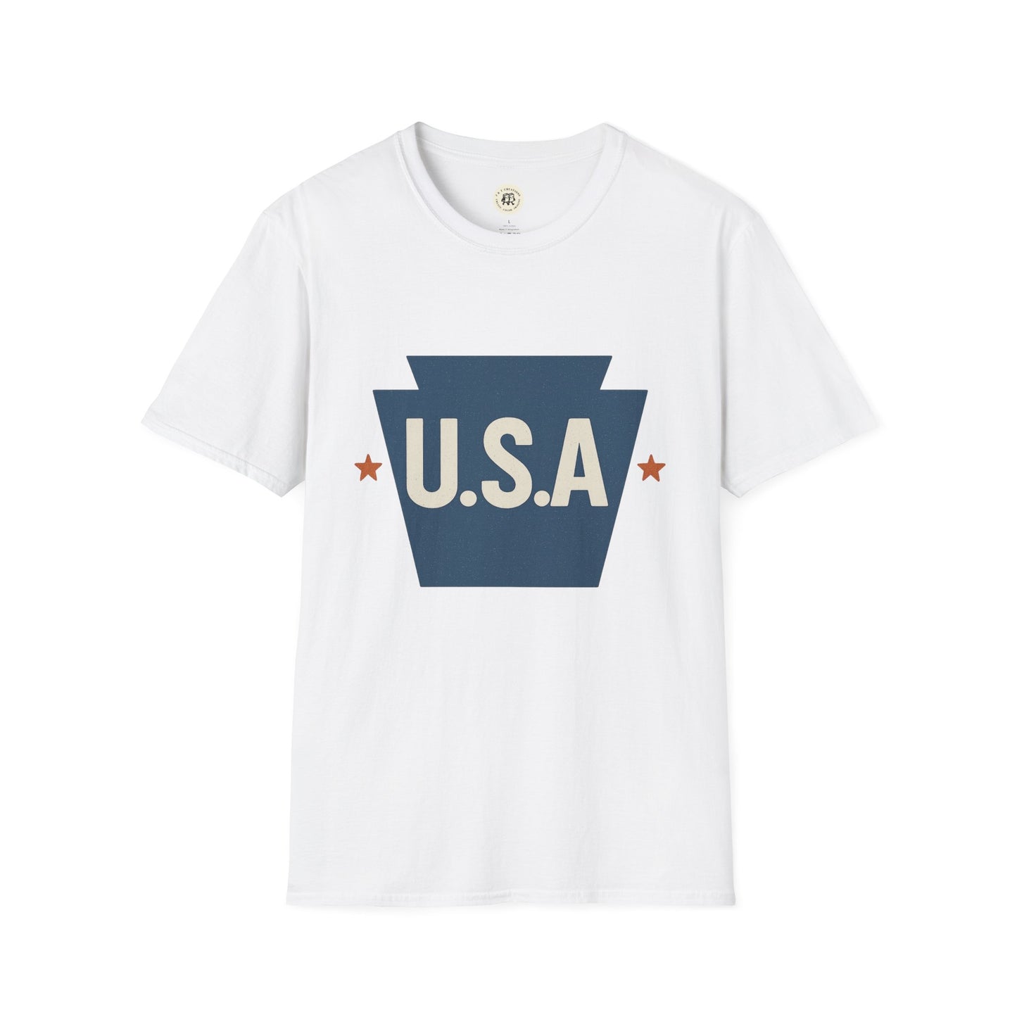 White Printify Pennsylvania keystone USA t-shirt with blue keystone and U.S.A text design