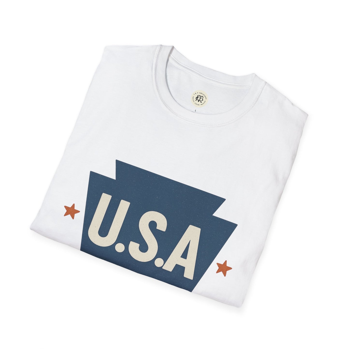 White Printify Pennsylvania keystone USA t-shirt with blue keystone and red stars design