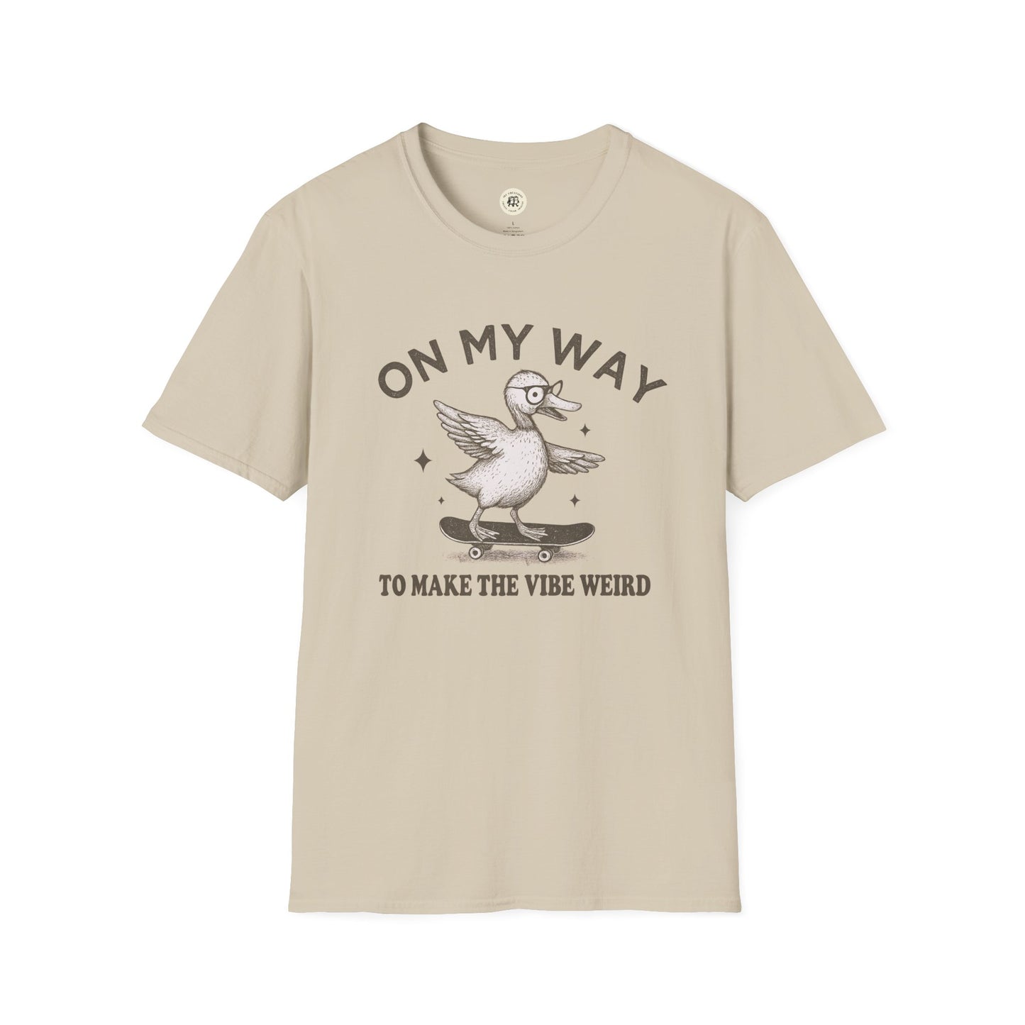 Printify quirky duck t-shirt in beige with skateboarding duck graphic and On My Way text