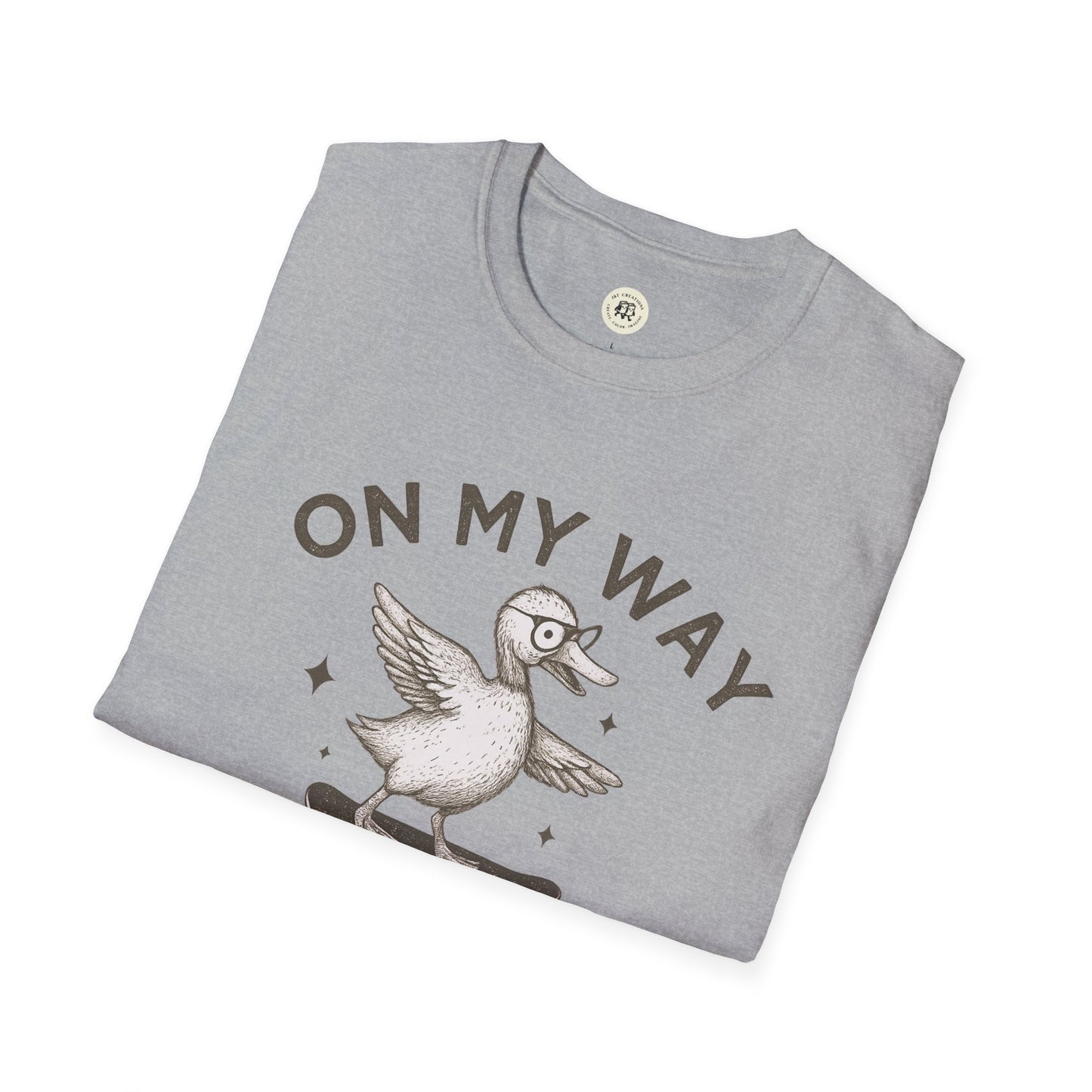 Grey quirky duck t-shirt by Printify featuring a cartoon duck with glasses and the text On My Way