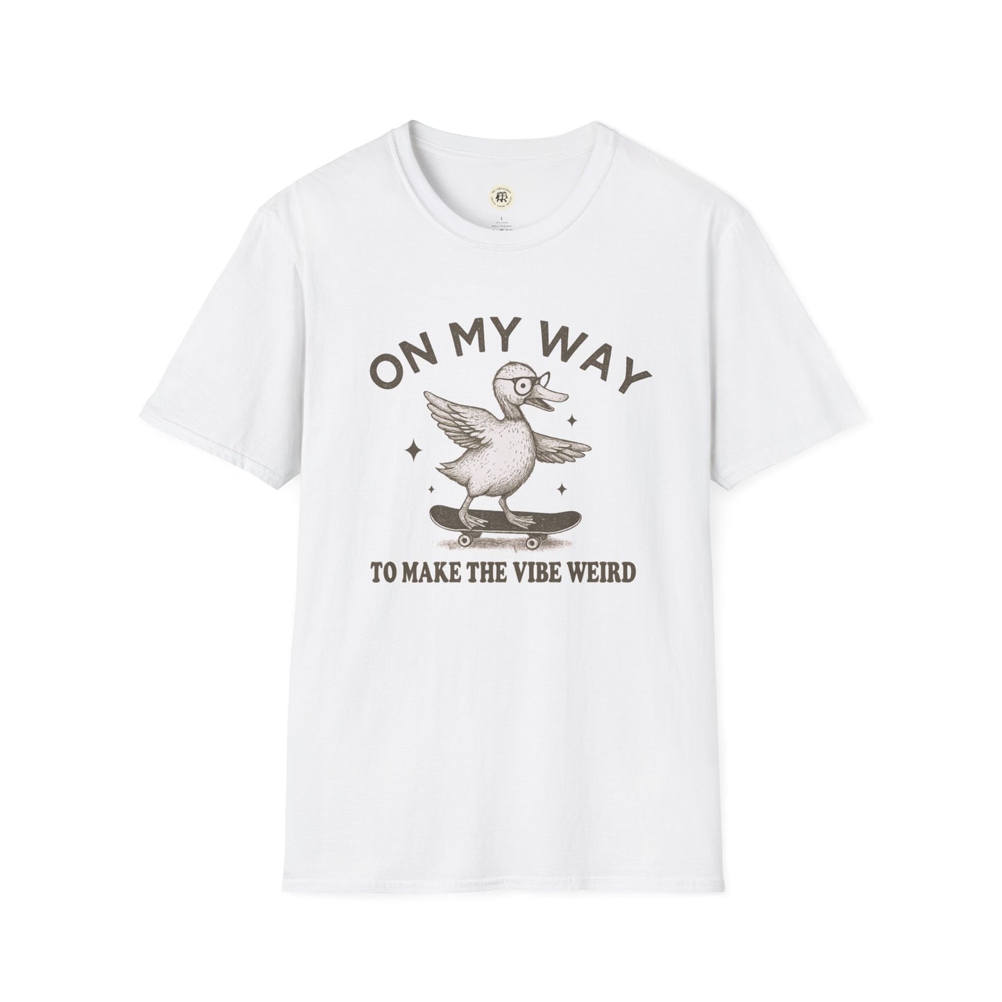 White Printify quirky duck t-shirt with skateboarding duck and text on my way to make the vibe weird