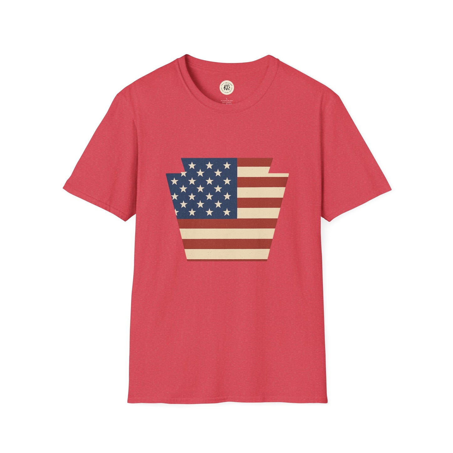 Red Printify T-Shirt with Pennsylvania Keystone American flag shirt design in vintage style