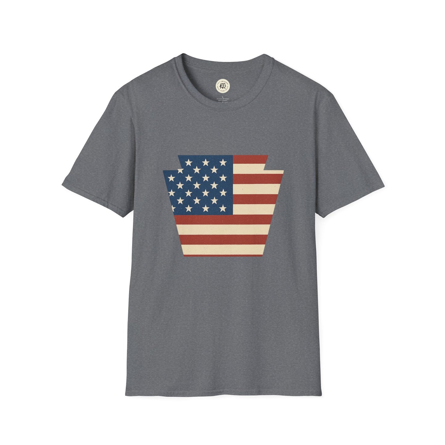 Gray Printify t-shirt featuring a Pennsylvania Keystone American flag shirt design with stars and stripes