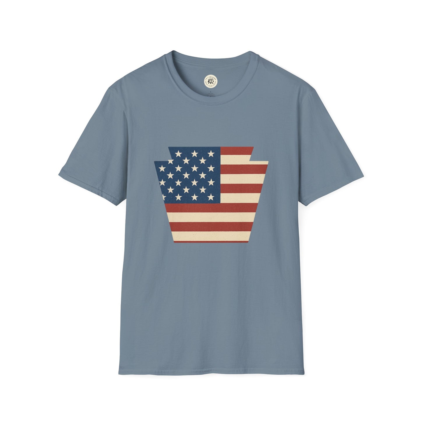 Printify blue T-shirt featuring Pennsylvania Keystone American flag shirt design with stars and stripes