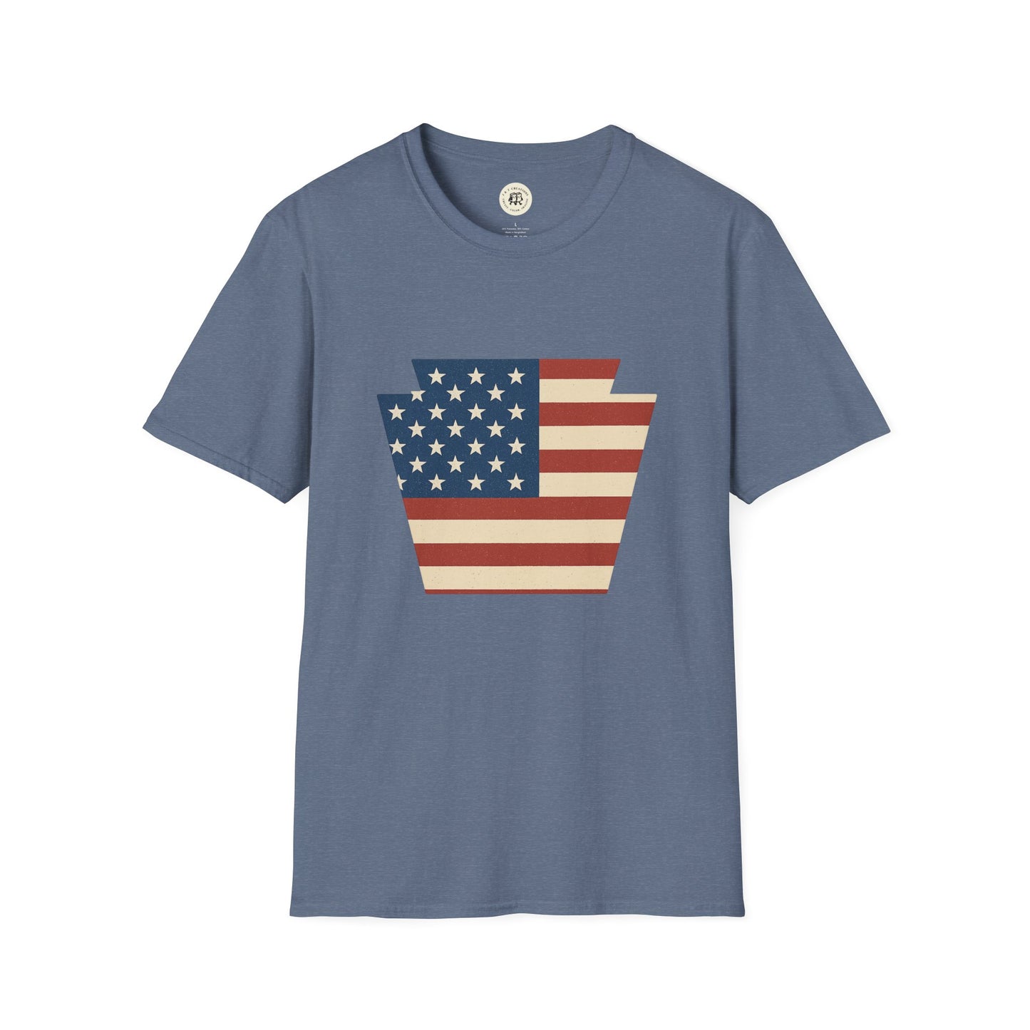 Printify blue T-shirt featuring Pennsylvania Keystone American flag shirt graphic in red white and blue