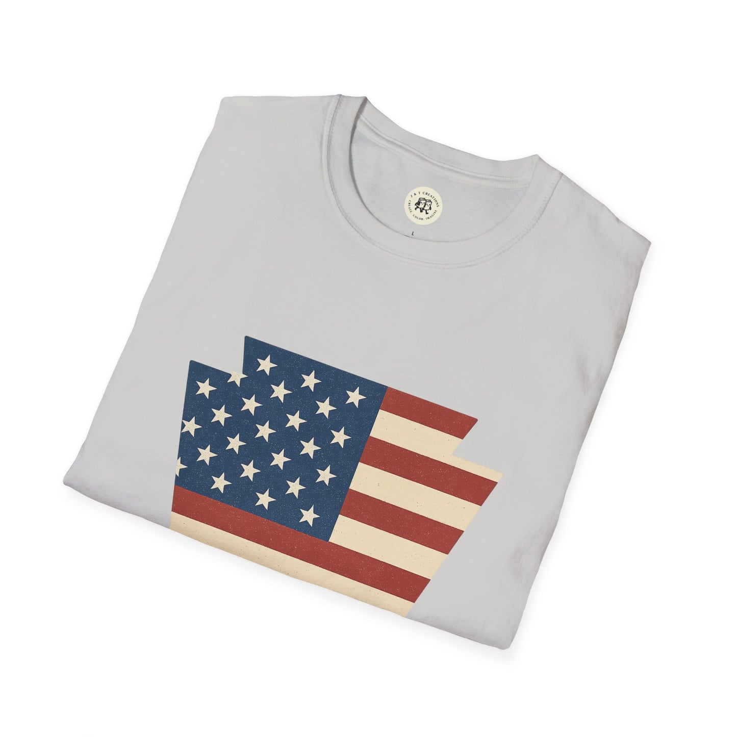 Gray Printify t-shirt featuring a Pennsylvania Keystone American flag shirt design with vintage stars and stripes