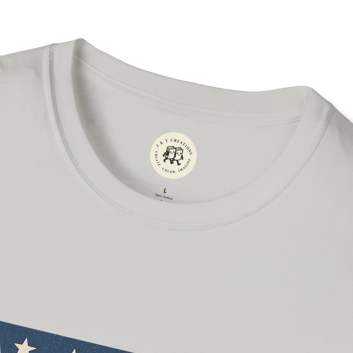 Close-up of white Printify T-shirt collar featuring Pennsylvania Keystone American flag shirt design