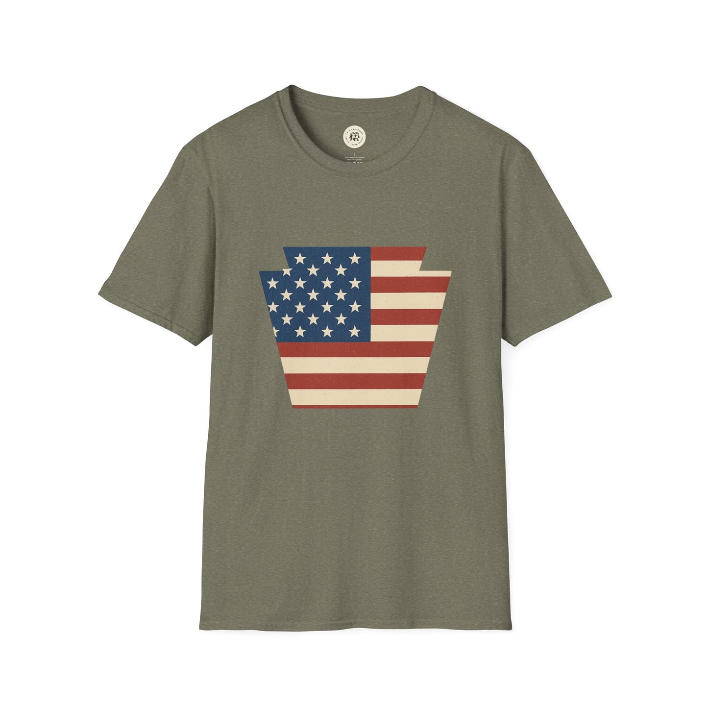 Printify olive t-shirt featuring Pennsylvania Keystone American flag shirt design in vintage style