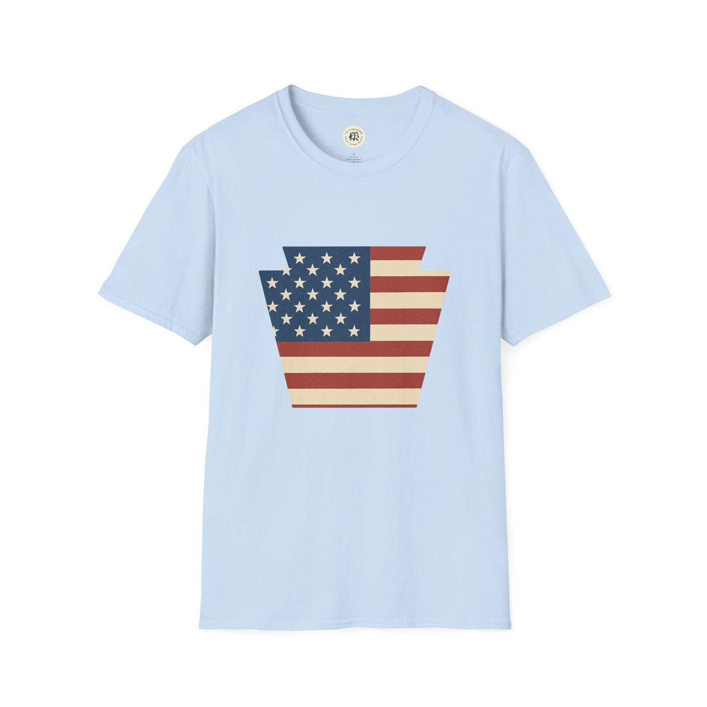 Light blue Pennsylvania Keystone American flag shirt with patriotic stars and stripes design