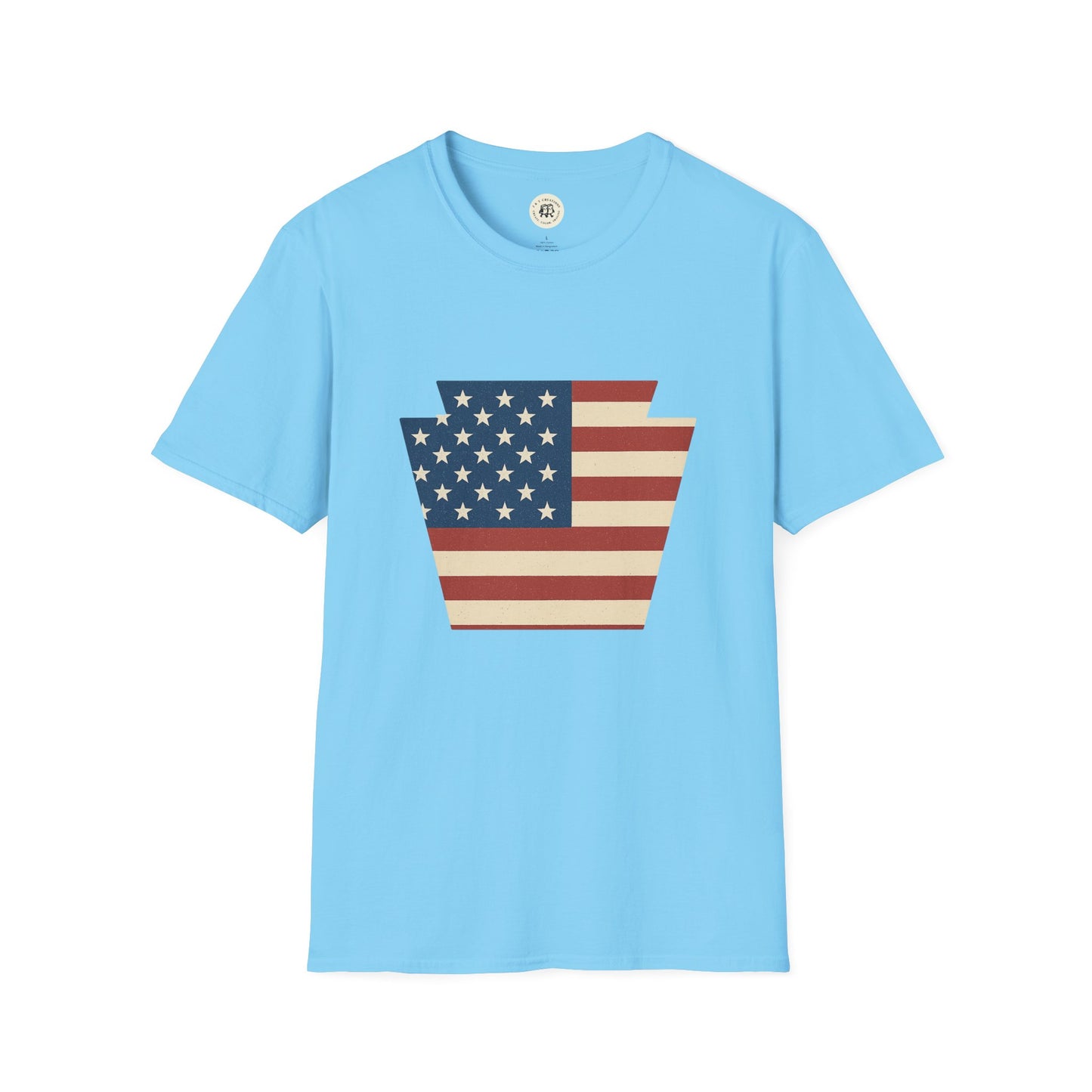 Light blue Printify t-shirt with a Pennsylvania Keystone American flag shirt design on front