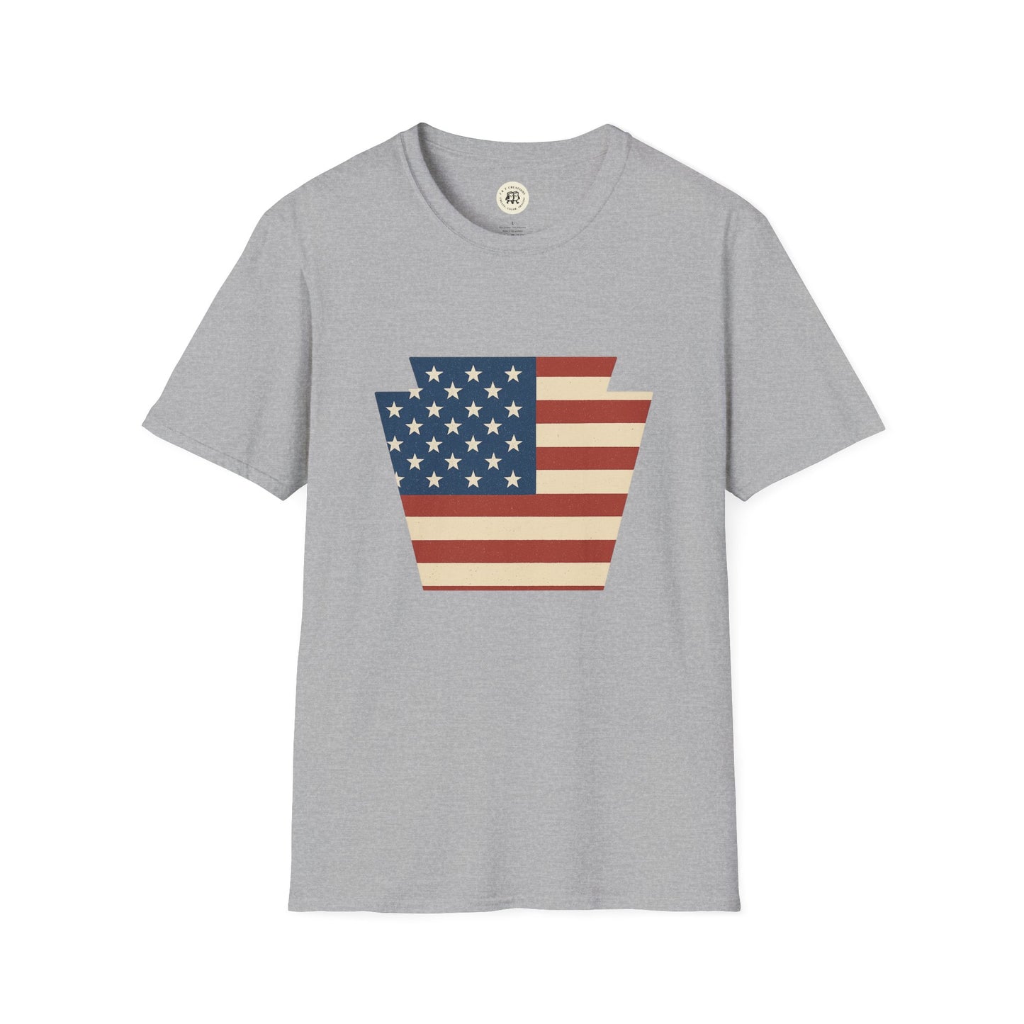Printify grey T-Shirt featuring a Pennsylvania Keystone American flag shirt design with stars and stripes