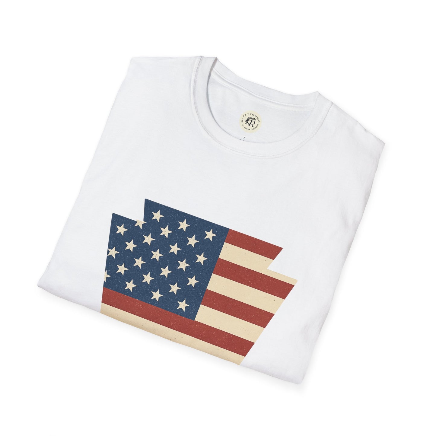 White Printify t-shirt featuring a Pennsylvania Keystone American flag shirt design with vintage stars and stripes