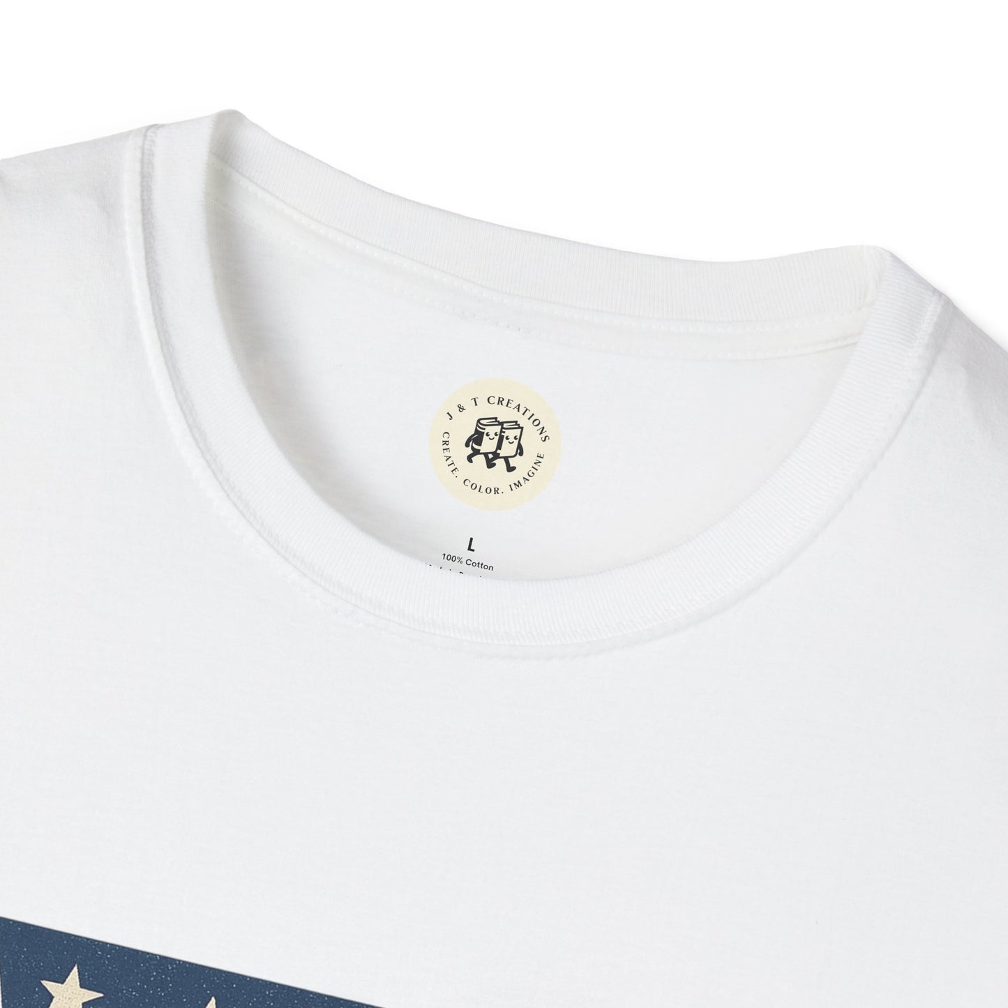 Close-up of white Printify t-shirt featuring Pennsylvania Keystone American flag shirt design