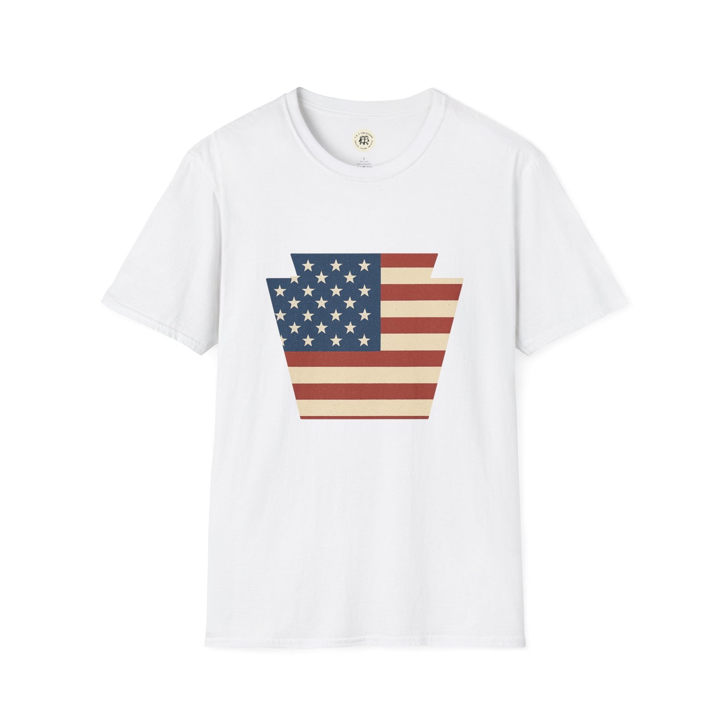 White Printify t-shirt featuring Pennsylvania Keystone American flag shirt design with stars and stripes