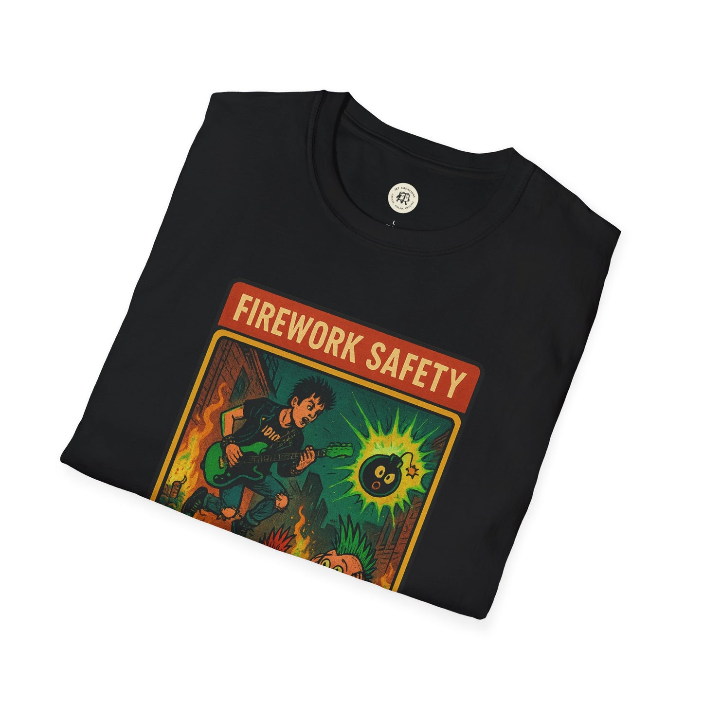 Black Printify t-shirt featuring a retro Green Day safety shirt design with vibrant firework safety graphic