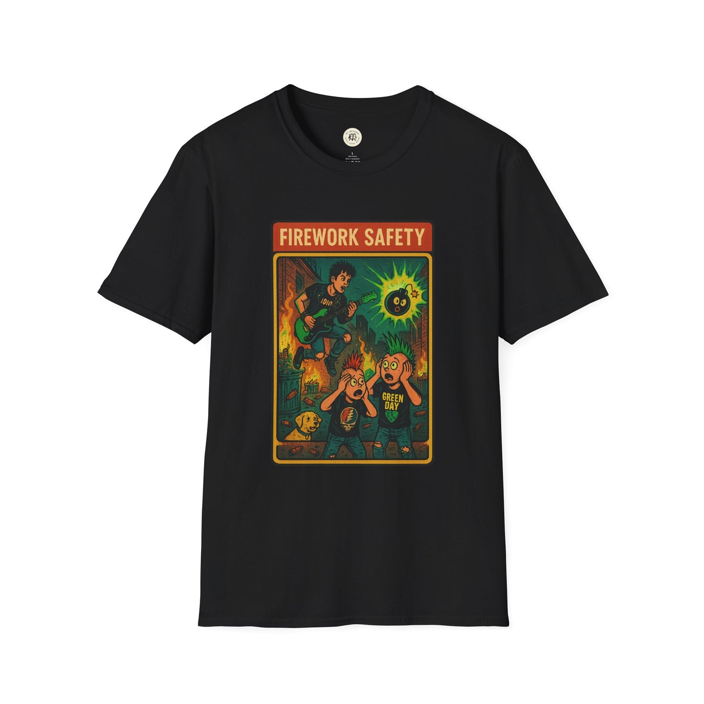 Black T-shirt featuring a retro Green Day safety shirt design with firework safety graphic