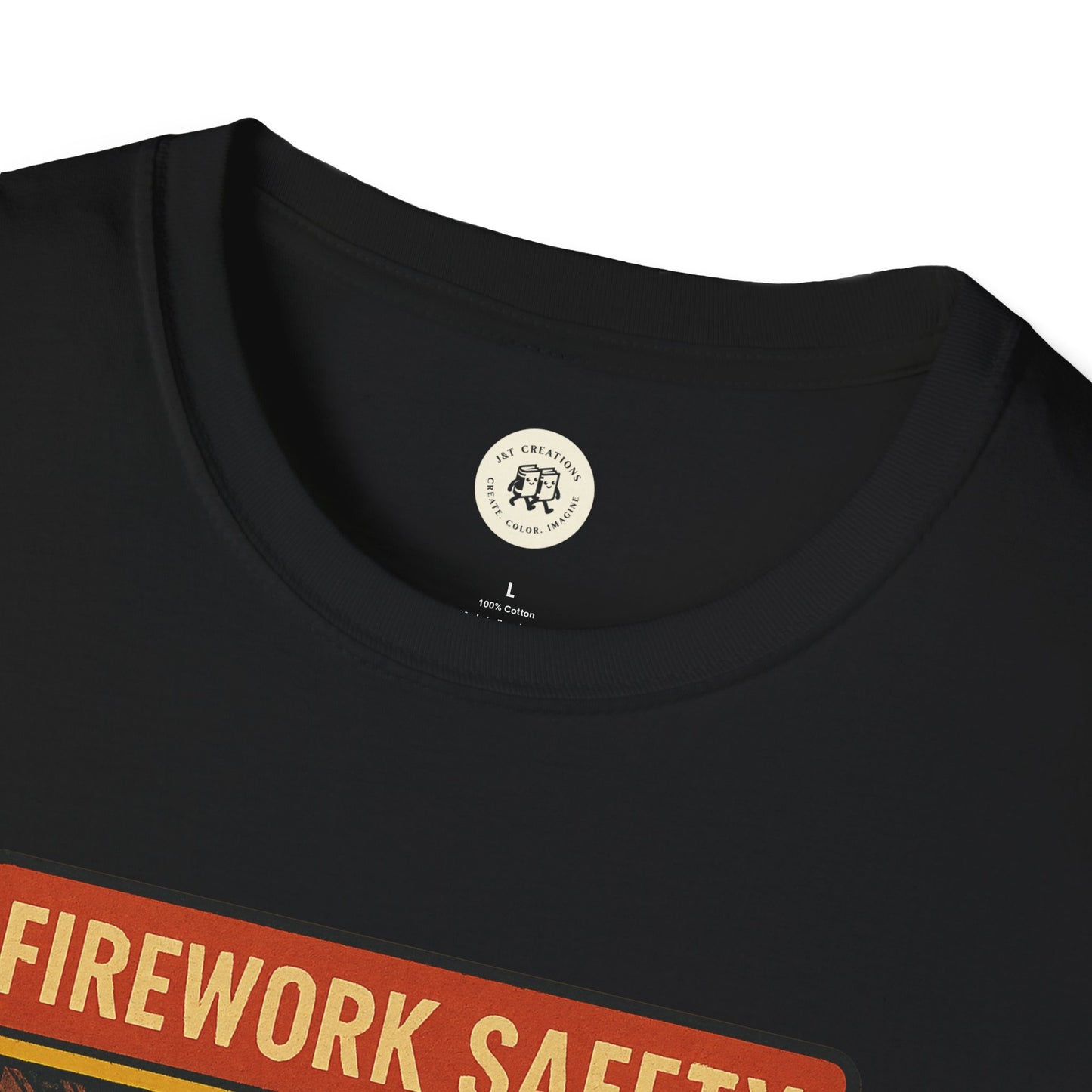 Close-up of Printify retro Green Day safety shirt black t-shirt with Firework Safety graphic