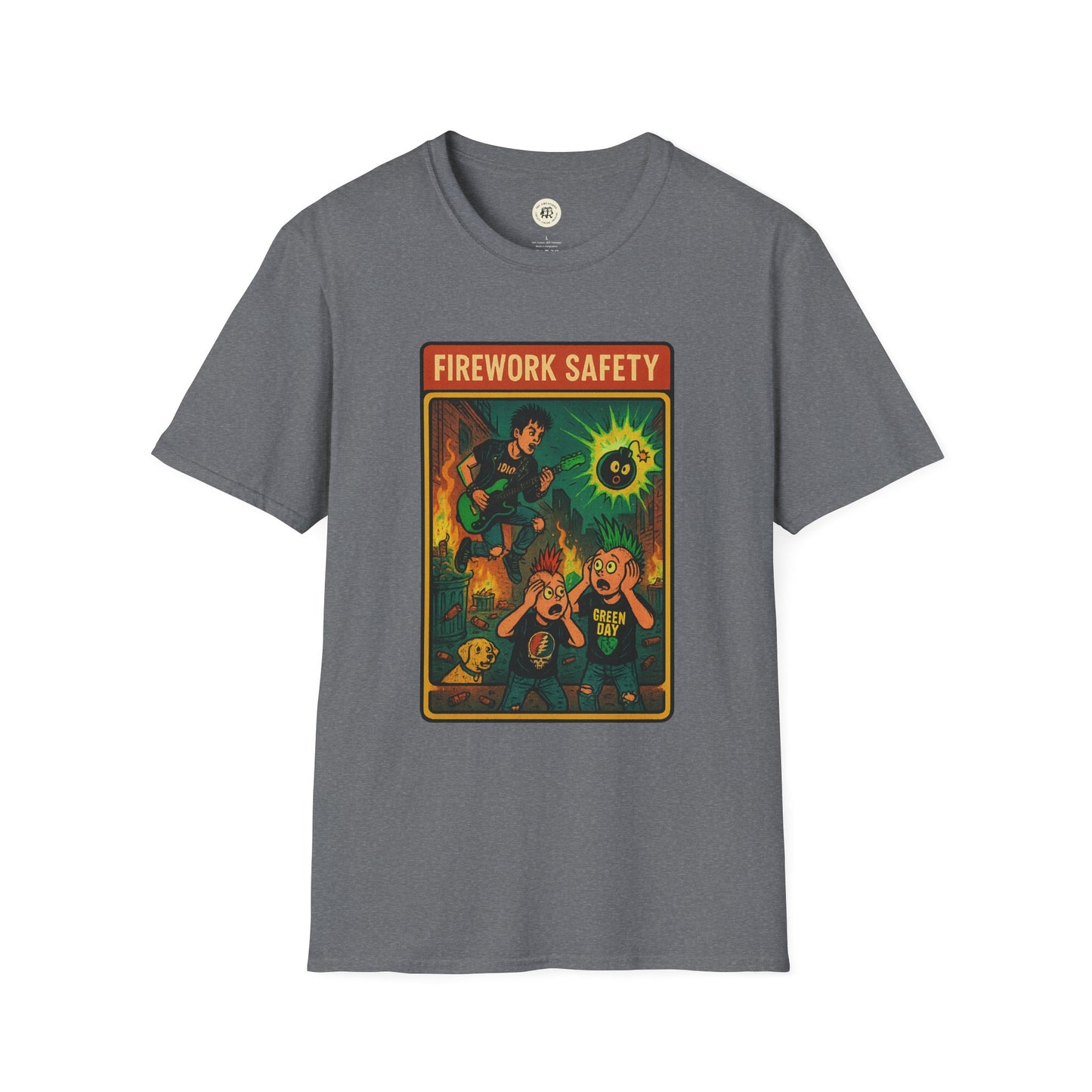 Printify retro Green Day safety shirt with colorful Firework Safety graphic on gray T-shirt