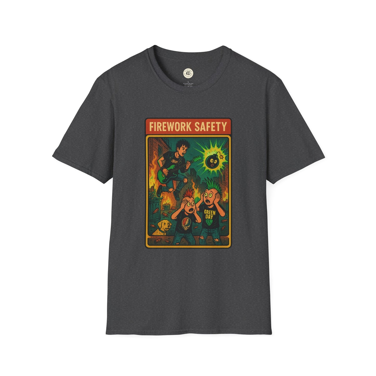 Printify retro Green Day safety shirt with vintage firework safety graphic on dark gray T-shirt
