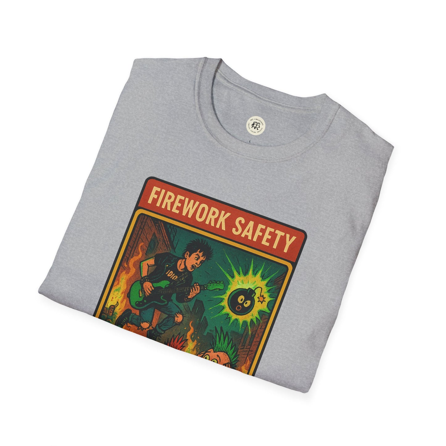 Printify retro Green Day safety shirt with firework safety graphic on gray T-shirt