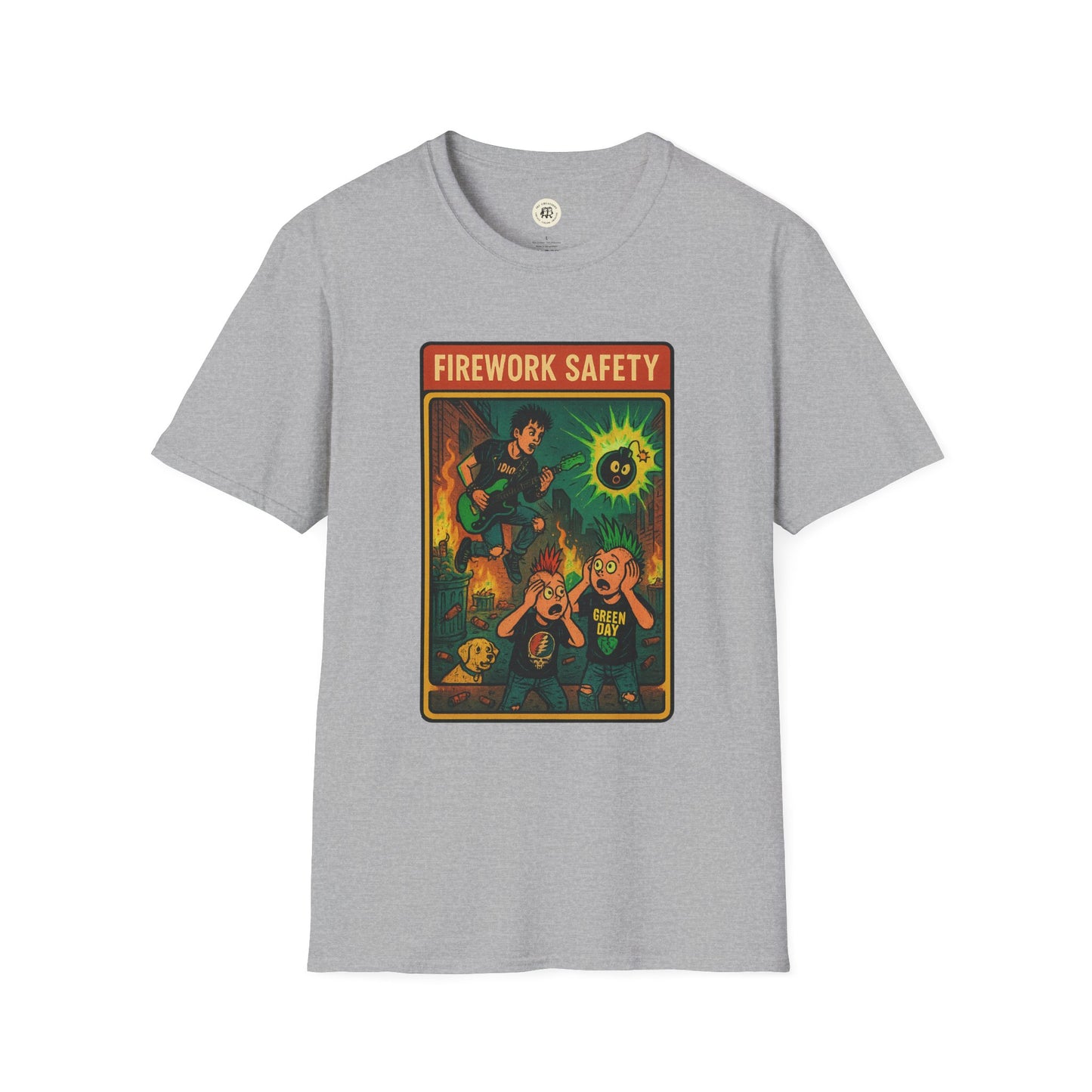 Printify retro Green Day safety shirt with vintage Firework Safety graphic on gray fabric