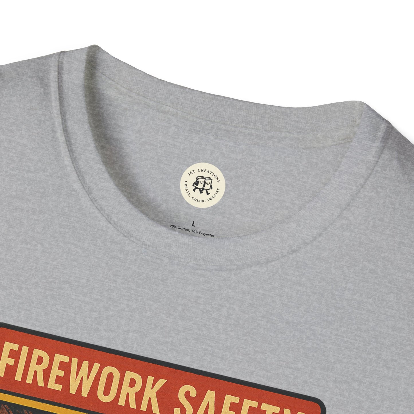Close-up of Printify gray t-shirt neckline with retro Green Day safety shirt graphic text