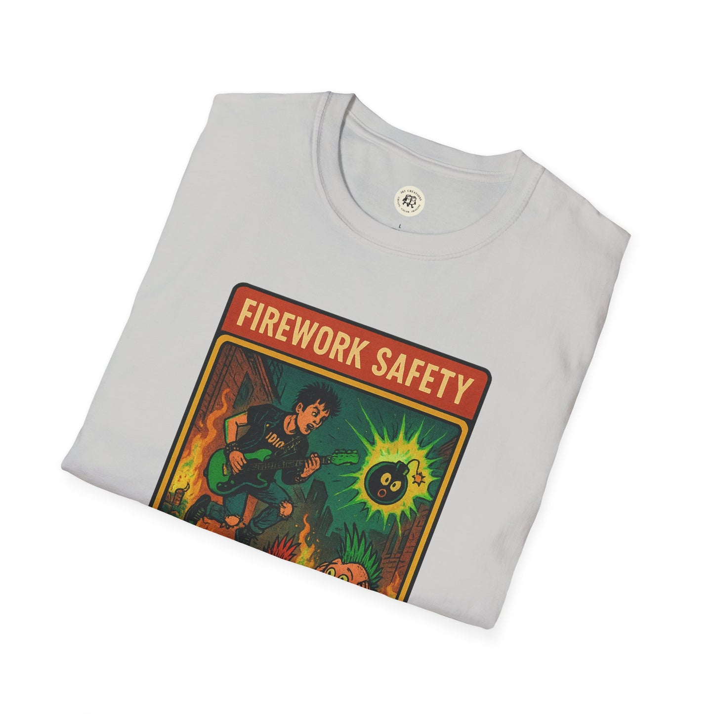 Folded Printify T-shirt featuring retro Green Day safety shirt design with firework safety graphic