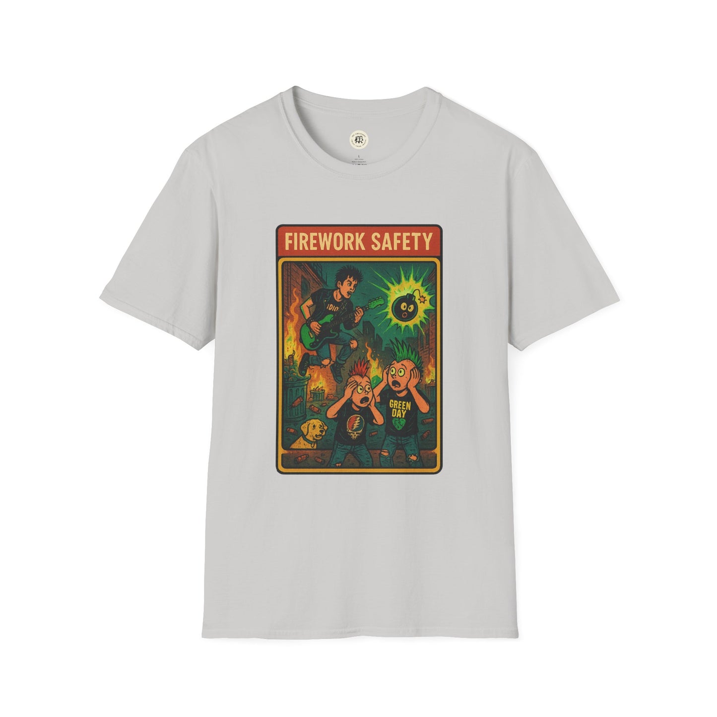 Printify retro Green Day safety shirt with vintage firework safety graphic on light gray tee