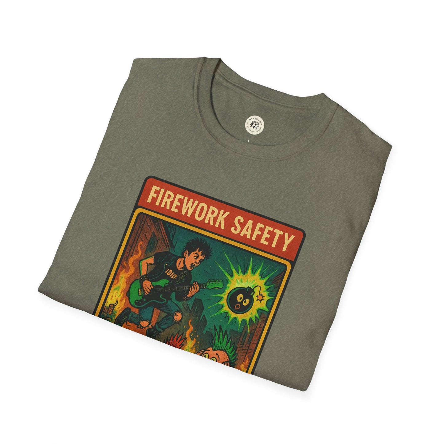 Printify retro Green Day safety shirt with vintage firework safety graphic on olive green fabric