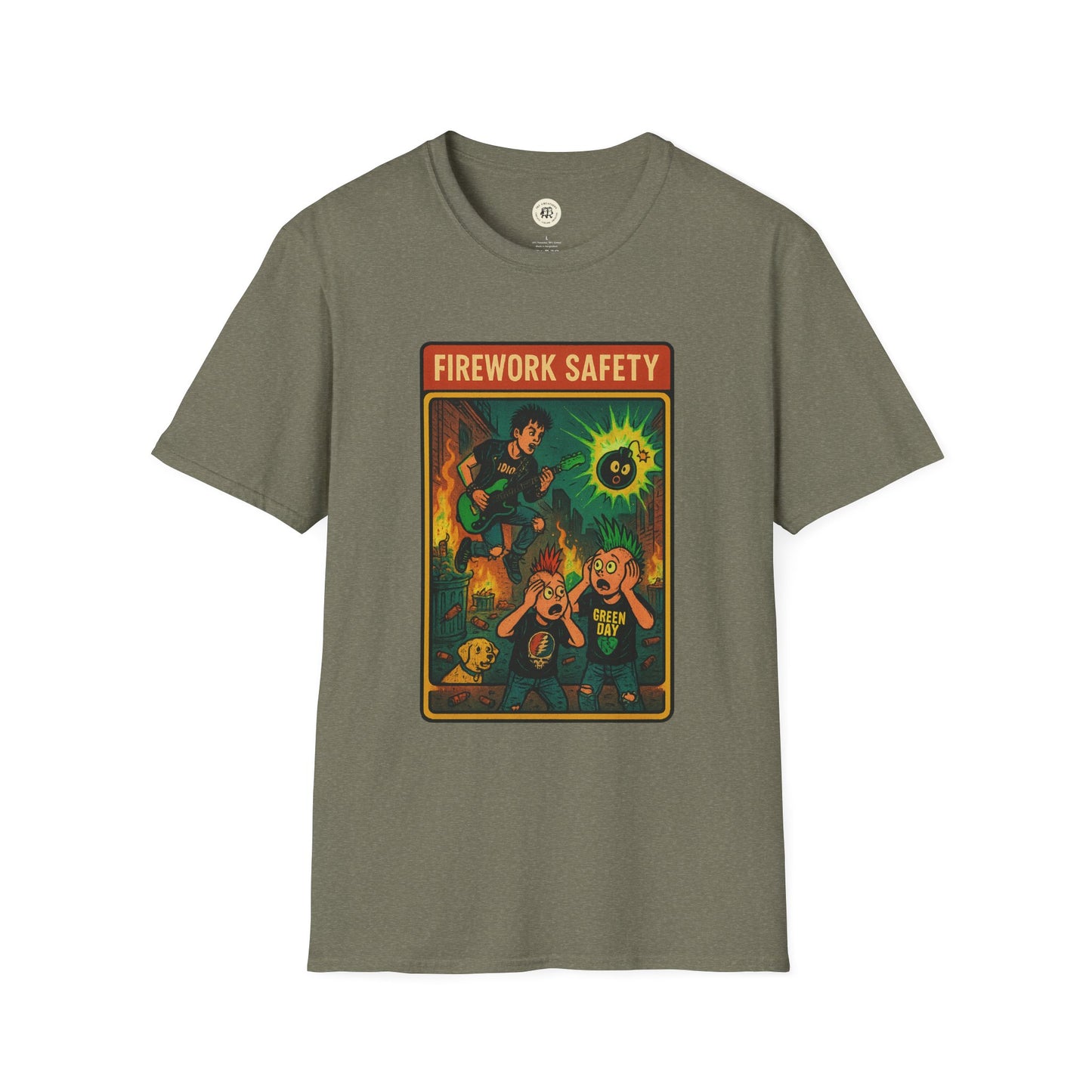 Printify retro Green Day safety shirt with vintage firework safety cartoon graphic on olive green T-shirt