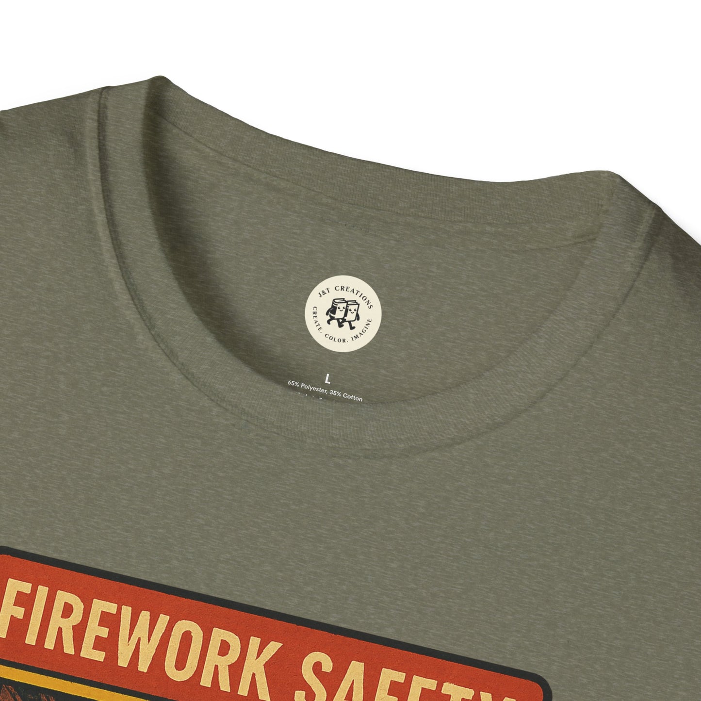 Close-up of retro Green Day safety shirt by Printify showing neckline and partial graphic design