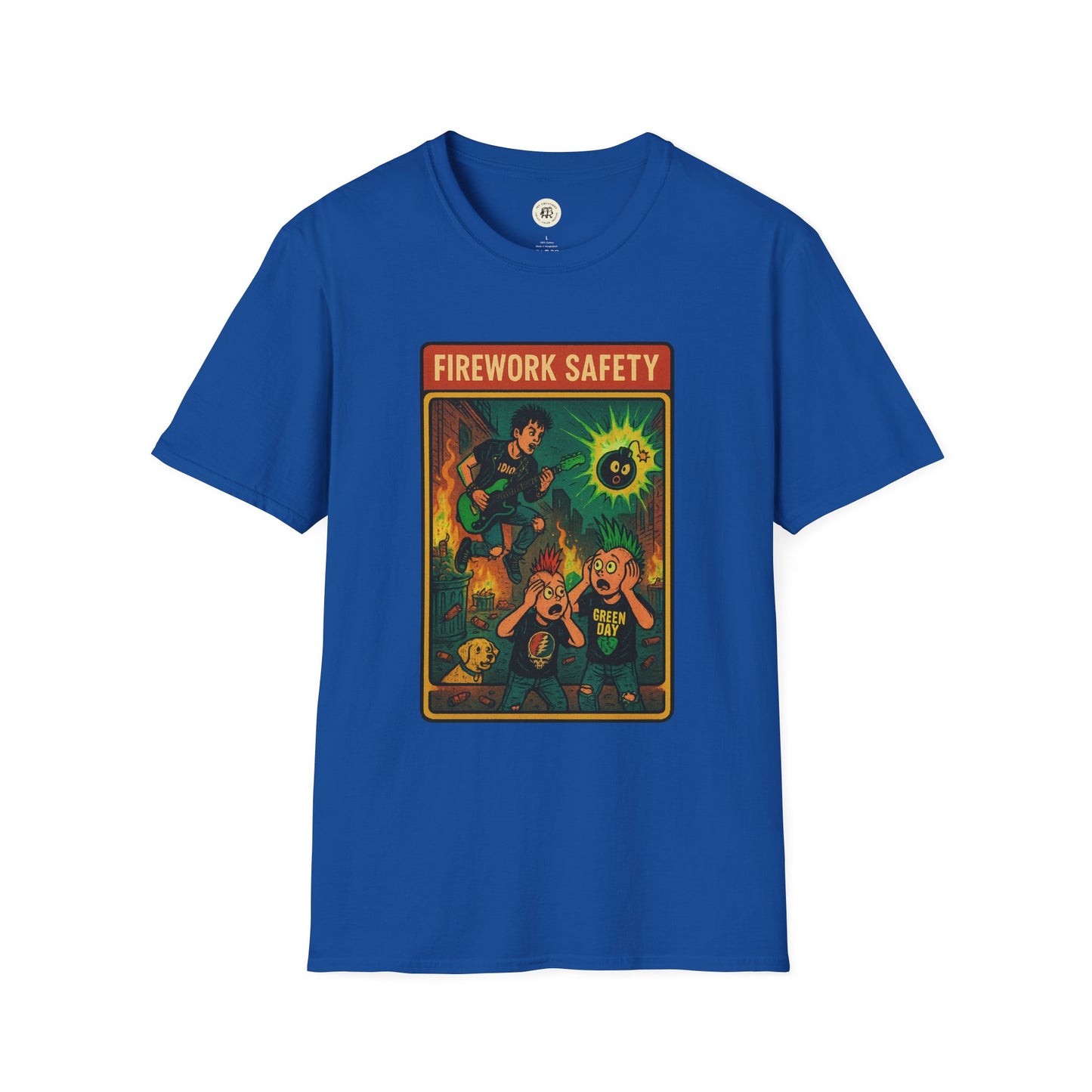 Blue Printify t-shirt featuring retro Green Day safety shirt design with fireworks safety theme
