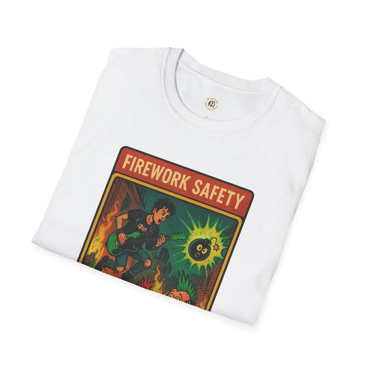 White retro Green Day safety shirt with vintage firework safety graphic printed on front