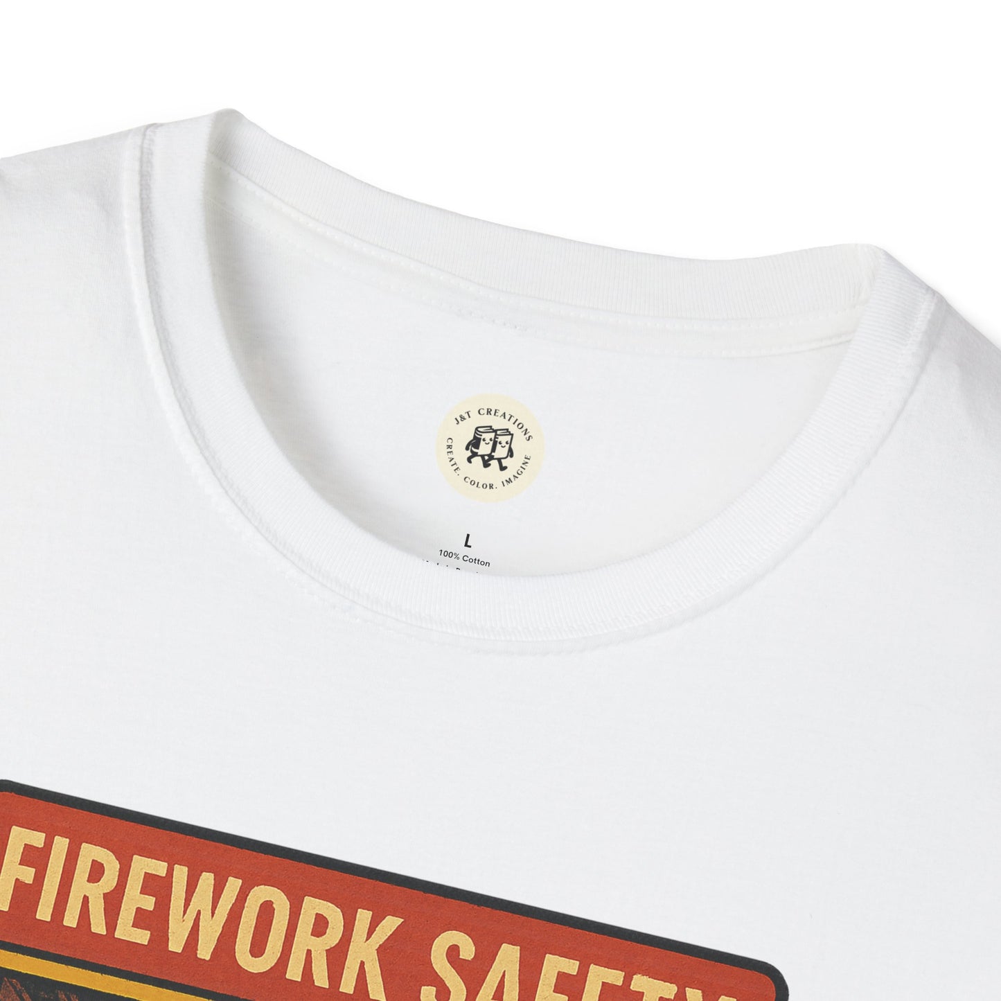 Close-up of white retro Green Day safety shirt with round neckline and partial vintage firework safety design