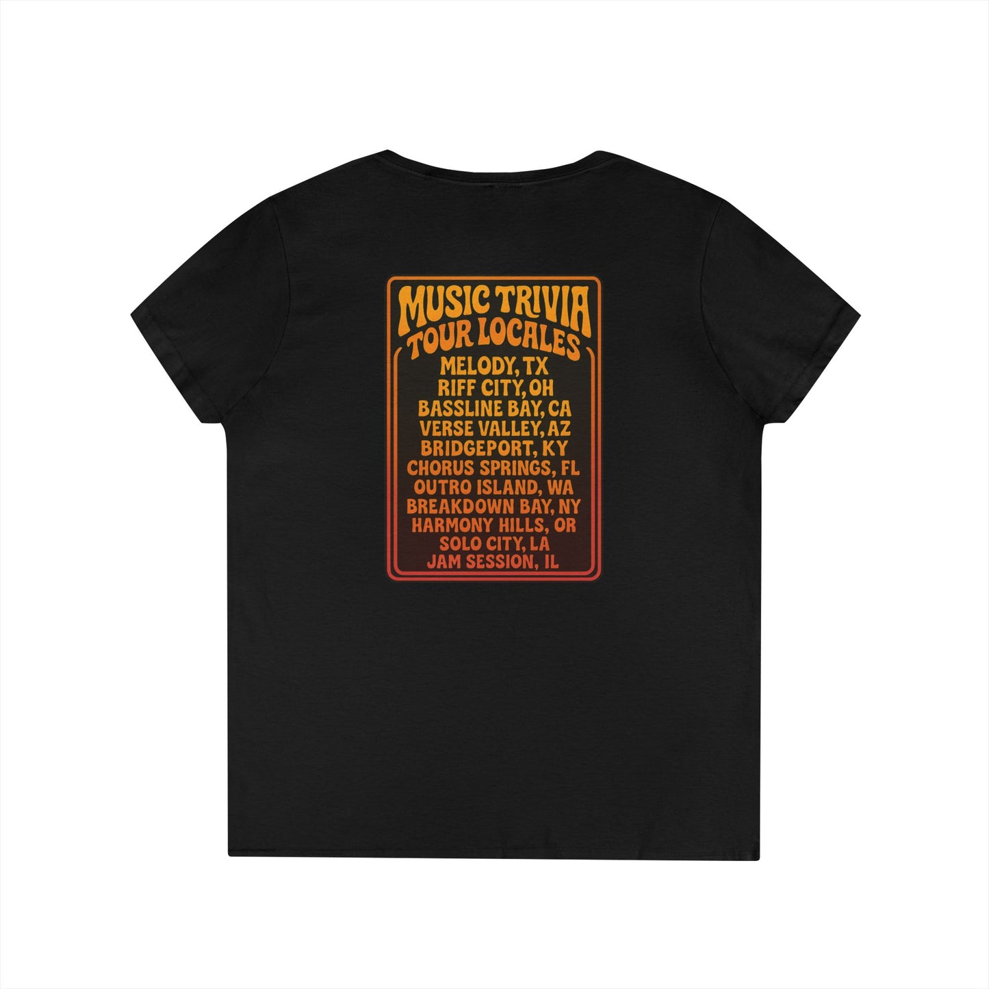 Black V-neck retro music trivia t-shirt with colorful tour locales print on back by Printify