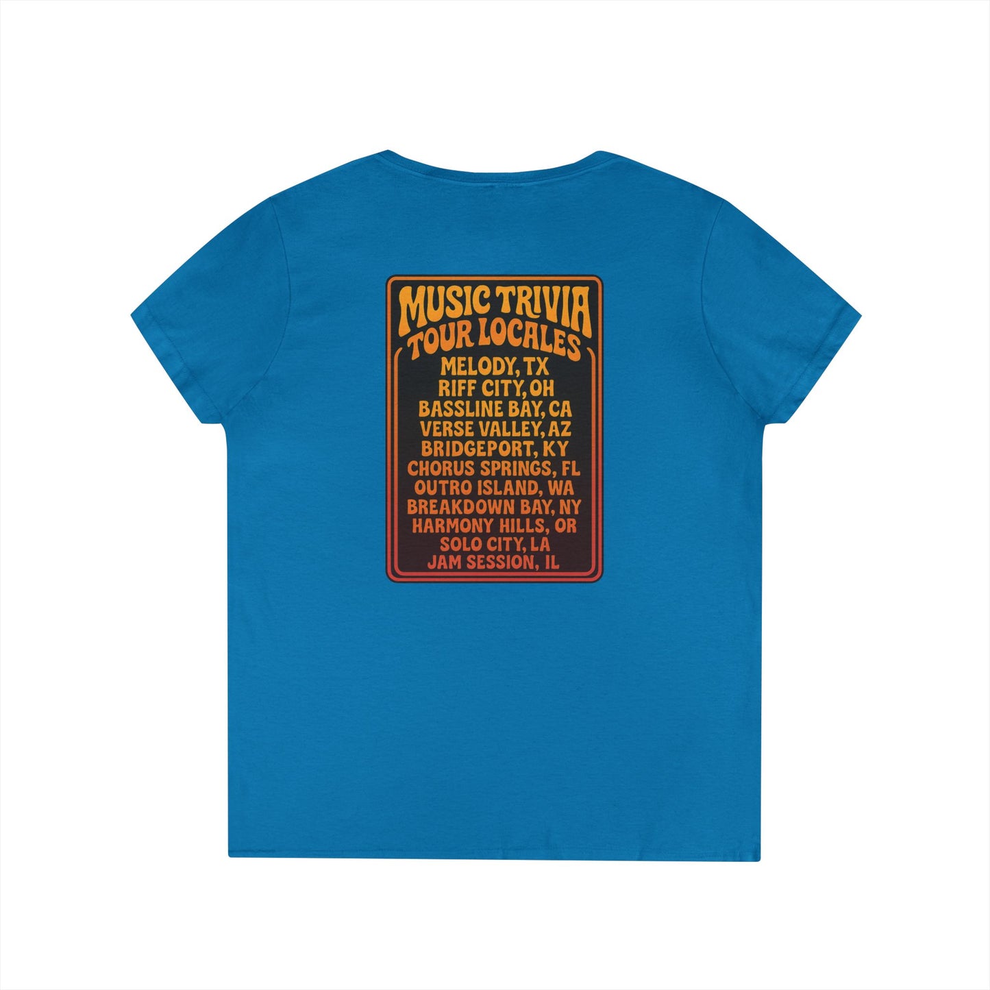 Blue retro music trivia t-shirt with tour locales graphic on the back from Printify