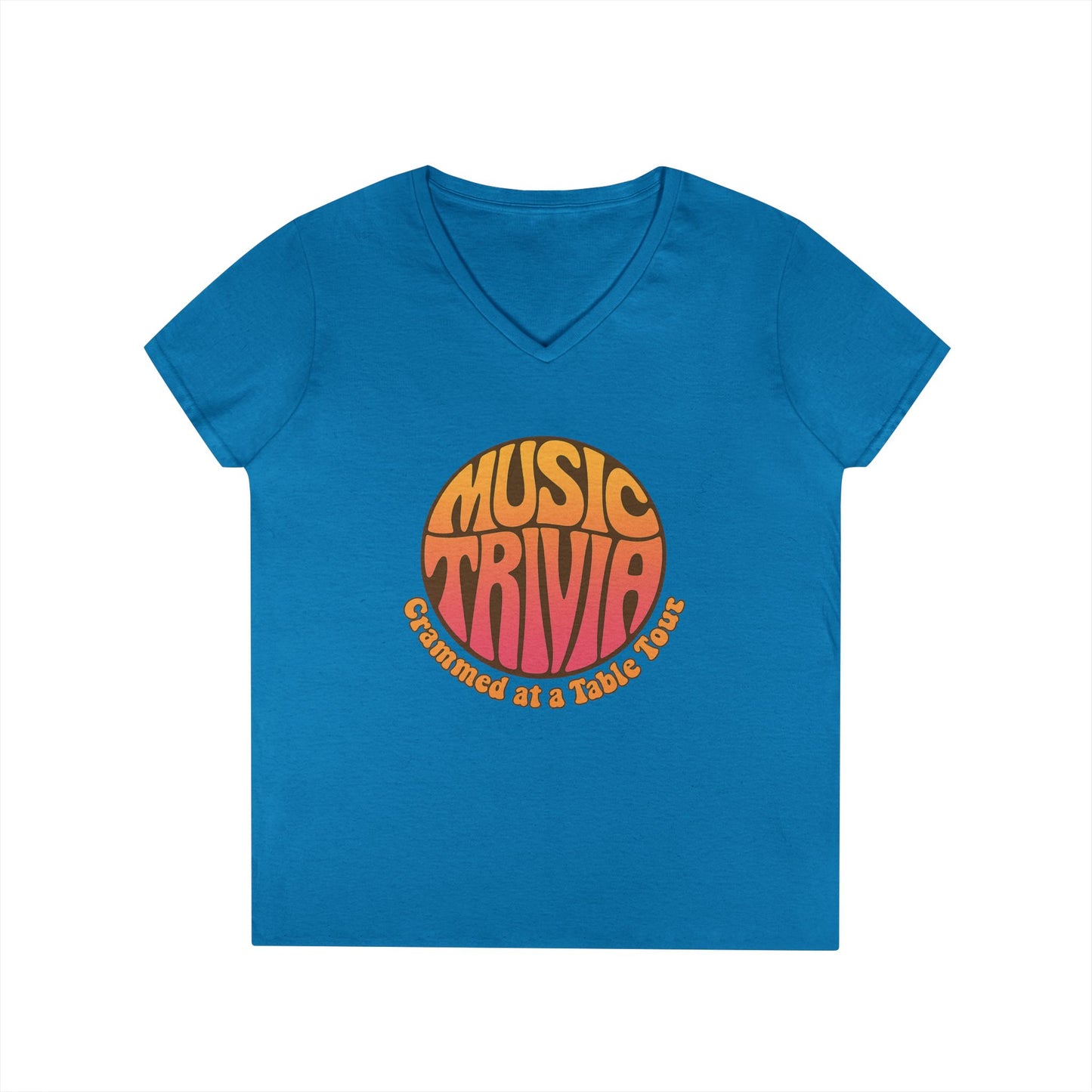 Blue Printify V-neck retro music trivia t-shirt with colorful vintage style graphic