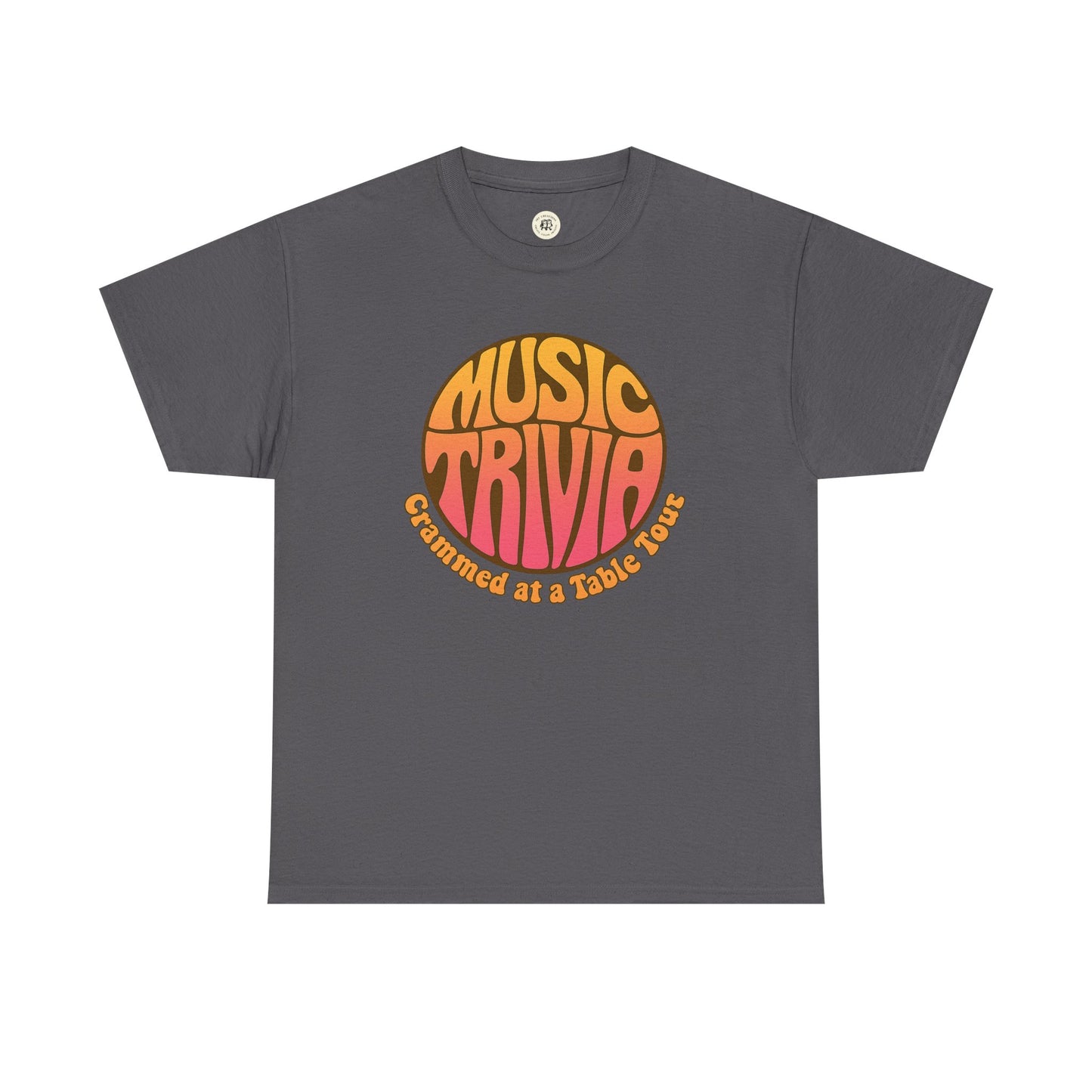 Printify retro music trivia t-shirt in dark gray with orange vintage style text design