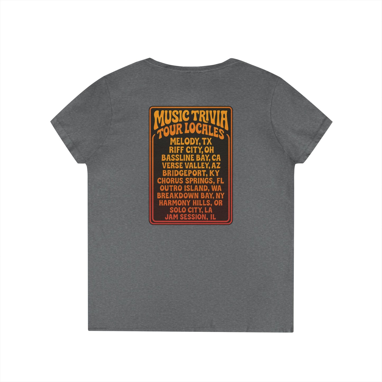 Retro music trivia t-shirt in gray with vintage tour locales graphic on the back from Printify