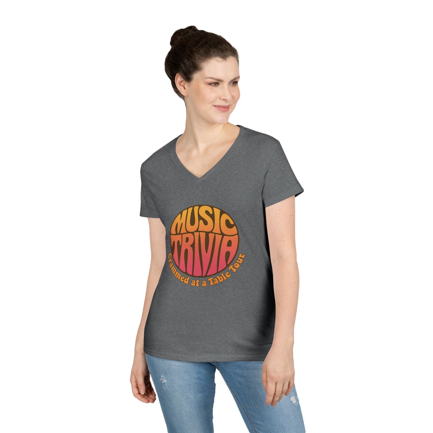 Printify V-neck retro music trivia t-shirt in dark gray worn by woman with orange vintage style graphic