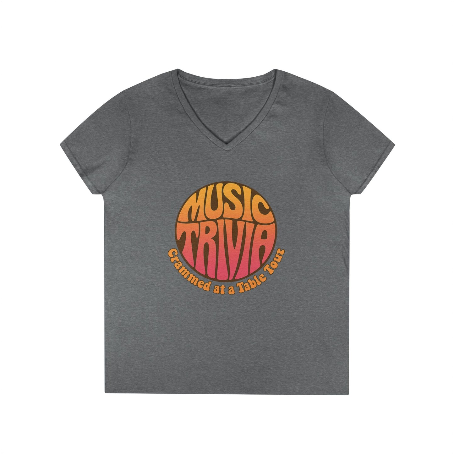 Gray V-neck retro music trivia t-shirt with colorful round graphic text design from Printify